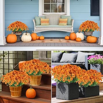 20 Bundles Fall Artificial Flowers for Outdoors, Indoor Fake Flowers with Ground Spike for Door Yard Porch Patio Garden Office Table Kitchen Planter Pot Vase Flowerpot Decorations Orange