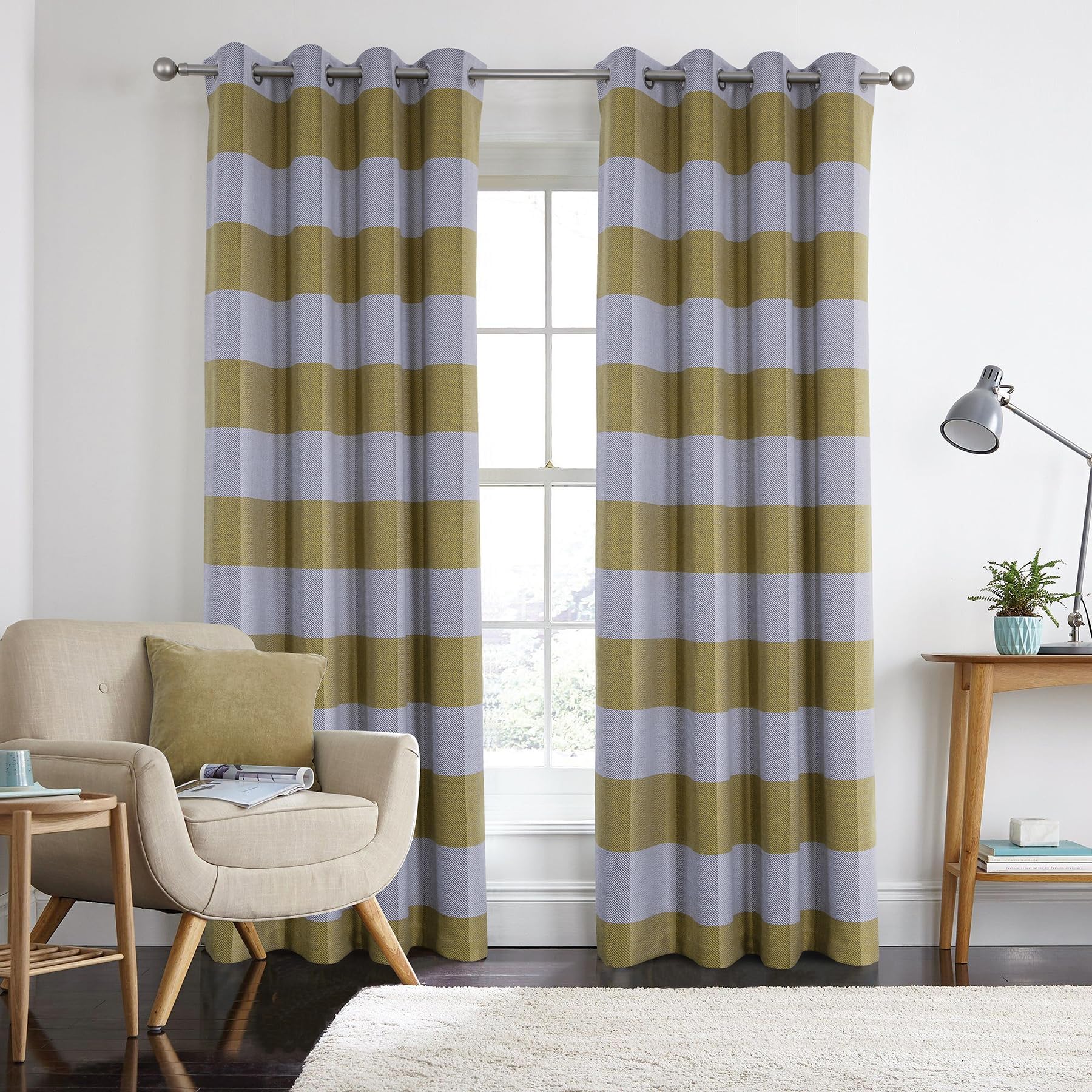 always4u 100% Blackout Curtains Check Eyelet Curtain for Bedroom Tartan Curtains Plaid Woven Brushed Cheque Pair of Highland Woolen Look Window Treatment for Living Room Yellow 90 * 90 Inches