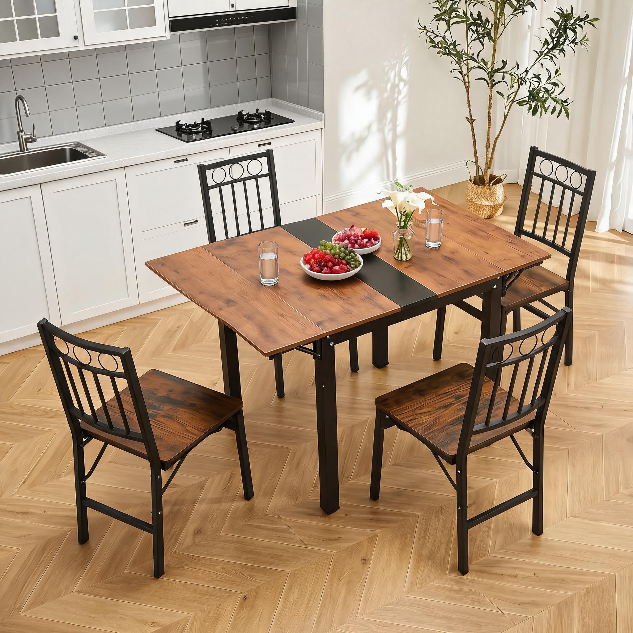 HAUSPROFI Klappbarer Esstisch, Küchentisch, 120 x 78 x75 cm Kleiner Küchentisch für 2-4 Personen, für die Küche, Küche, Wohnzimmer, Wohnung, vintagebraun-tintenschwarz