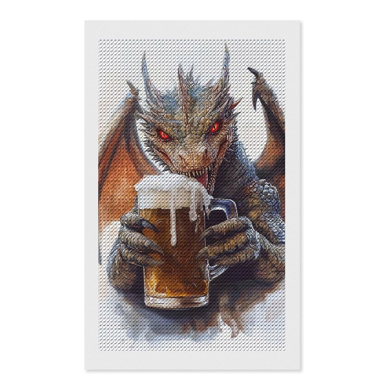 Junmoney Dragon Drinking Beer Diamond Art Canvas 12"x20", for Family Craft Time, Creative Leisure Activity, Living Room Decor, Festive Craft Gift