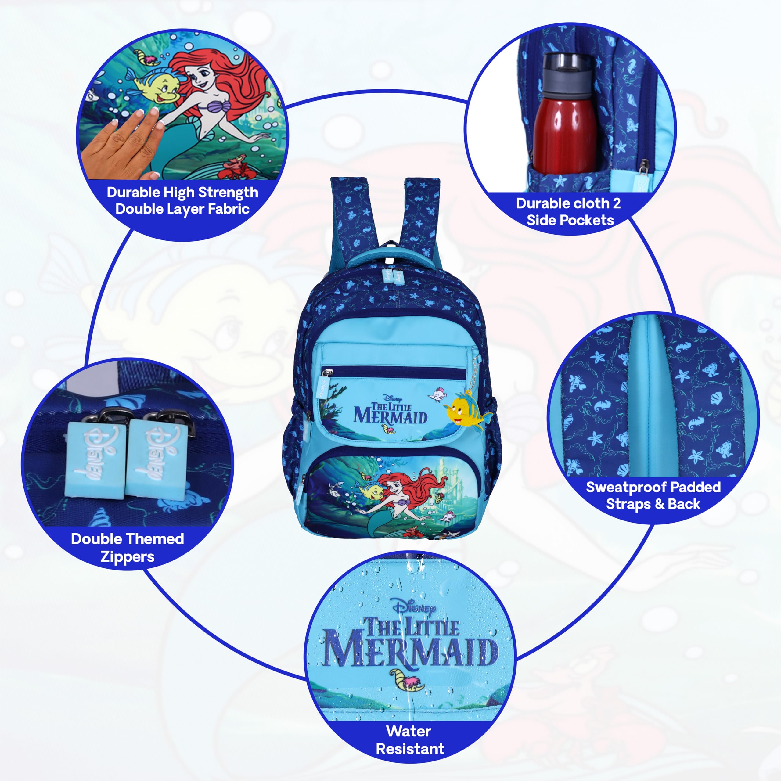 Disney School Bags for Girls|Mermaid 7 Bag (Spring 2024 Collection)|Water Resistant Bag for Kid Bag|School Bag for Kids|16 Inch Bag|35L Huge Bag|Tuition Bag|Gift for Girl|Blue 2