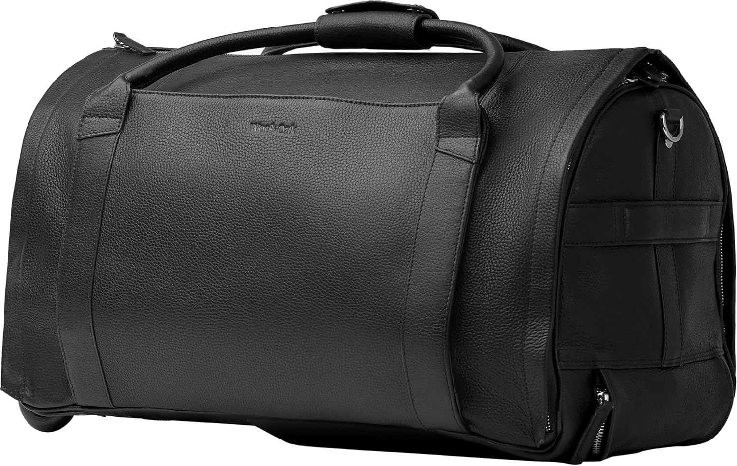 Wool & Oak - NOVA Large Duffle Bag with Wheels - Carry On Garment Duffle Bags for Travel, Overnight, Hospital, Travel Bags for Women & Men with Shoe Compartment, Tech Pocket (Leather, Jet Black)