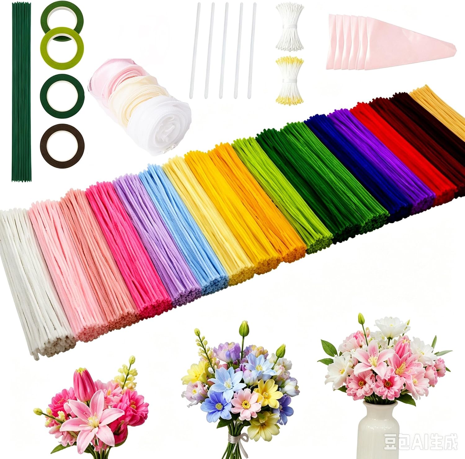 NUOBESTY 1000 Pcs Pipe Cleaner Flower Kit, Pipe Cleaners for Crafts