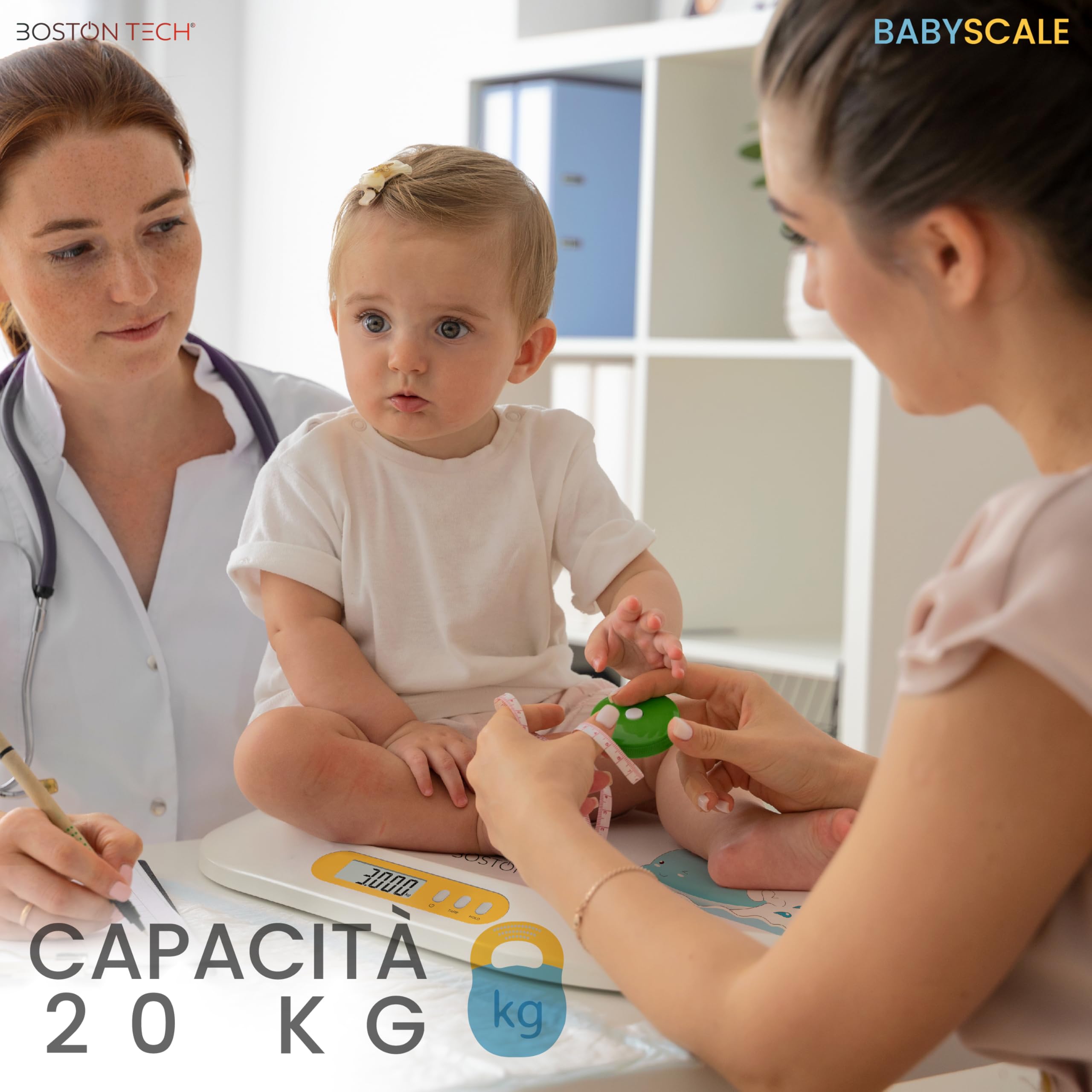 Bilancia Digitale per Neonati e Bambini Boston Tech BA104 con Stadiometro Integrato – Precisione 5g, Funzione TARA e HOLD, Display LCD Retroilluminato, Portata 20 kg, Batterie Incluse