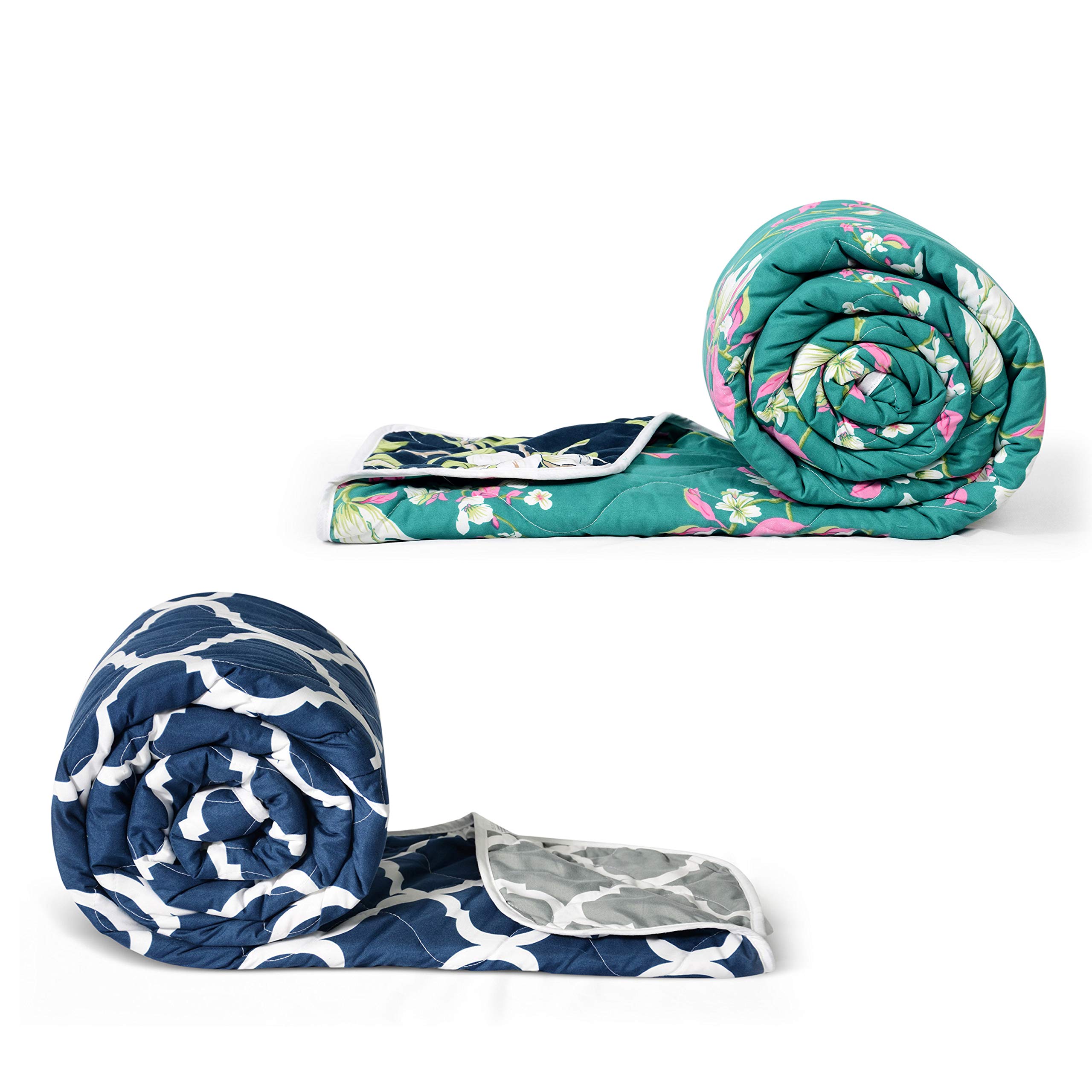Divine Casa 120 GSM Single Size Reversible Microfiber Comforter Set of 2 | All-Season Lightweight AC Blanket | 230 x 140 CM | Cozy & Durable | Abstract Floral | Green, Navy & Deep Blue