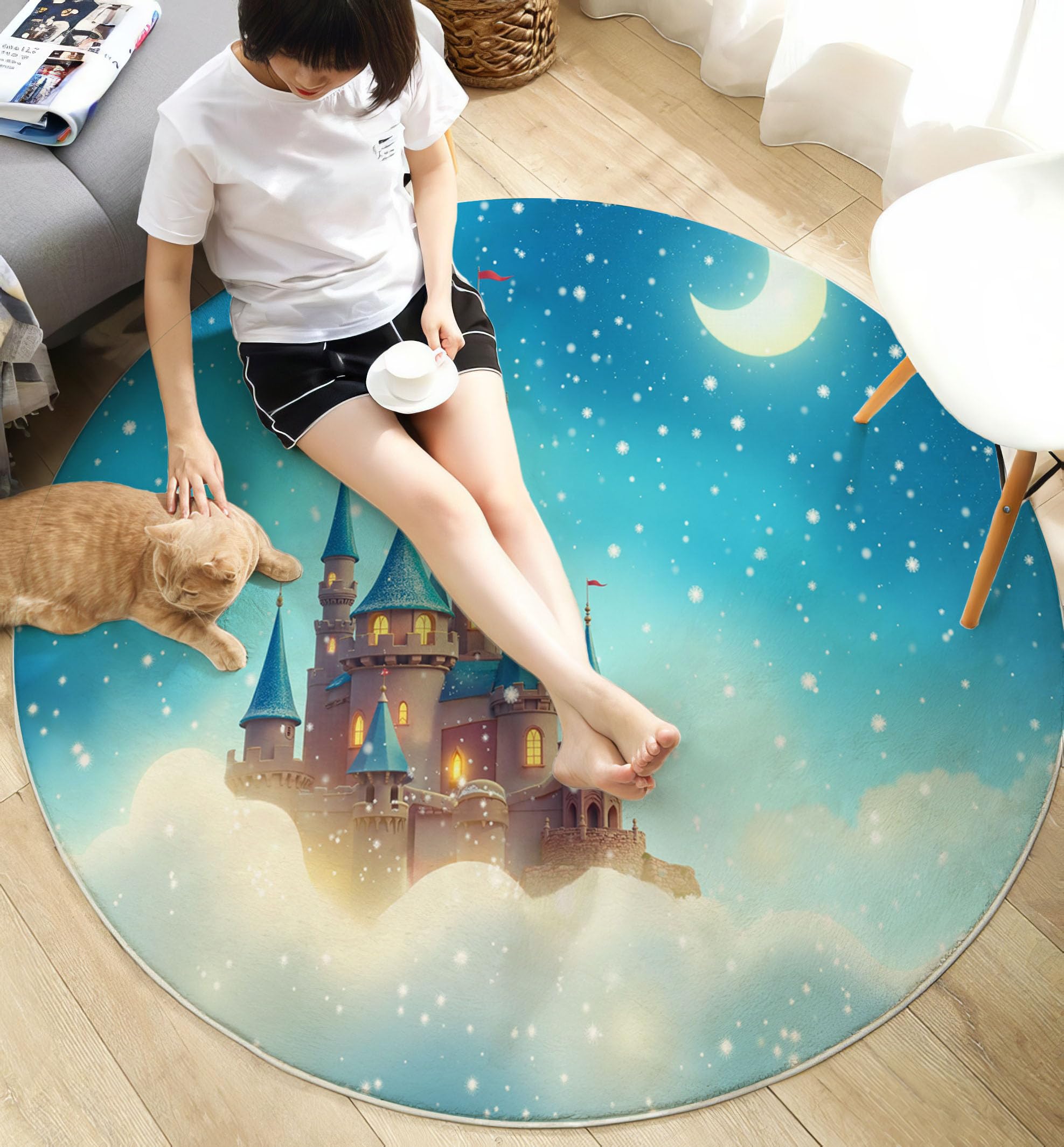 Tapis pour Enfant Rond 120cm - Tapis Doux et Douillet - pour Salon - Tapi pour Filles - Chambre à Coucher - Chambre d'enfant - Tapi Fin - Thème des rêves Château, étoiles et Lune