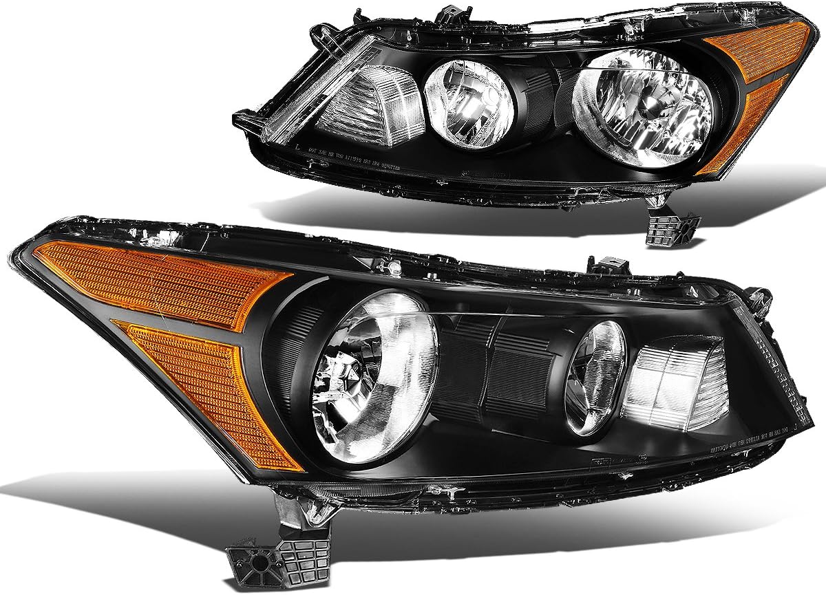 Auto Dynasty Headlights Assembly Compatible with 2008-2012 Honda Accord 4-Door Sedan, Driver and Passenger Side Halogen Headlamps Replacement, OE Style HO2502130 HO2503130, Black Housing Amber Corner