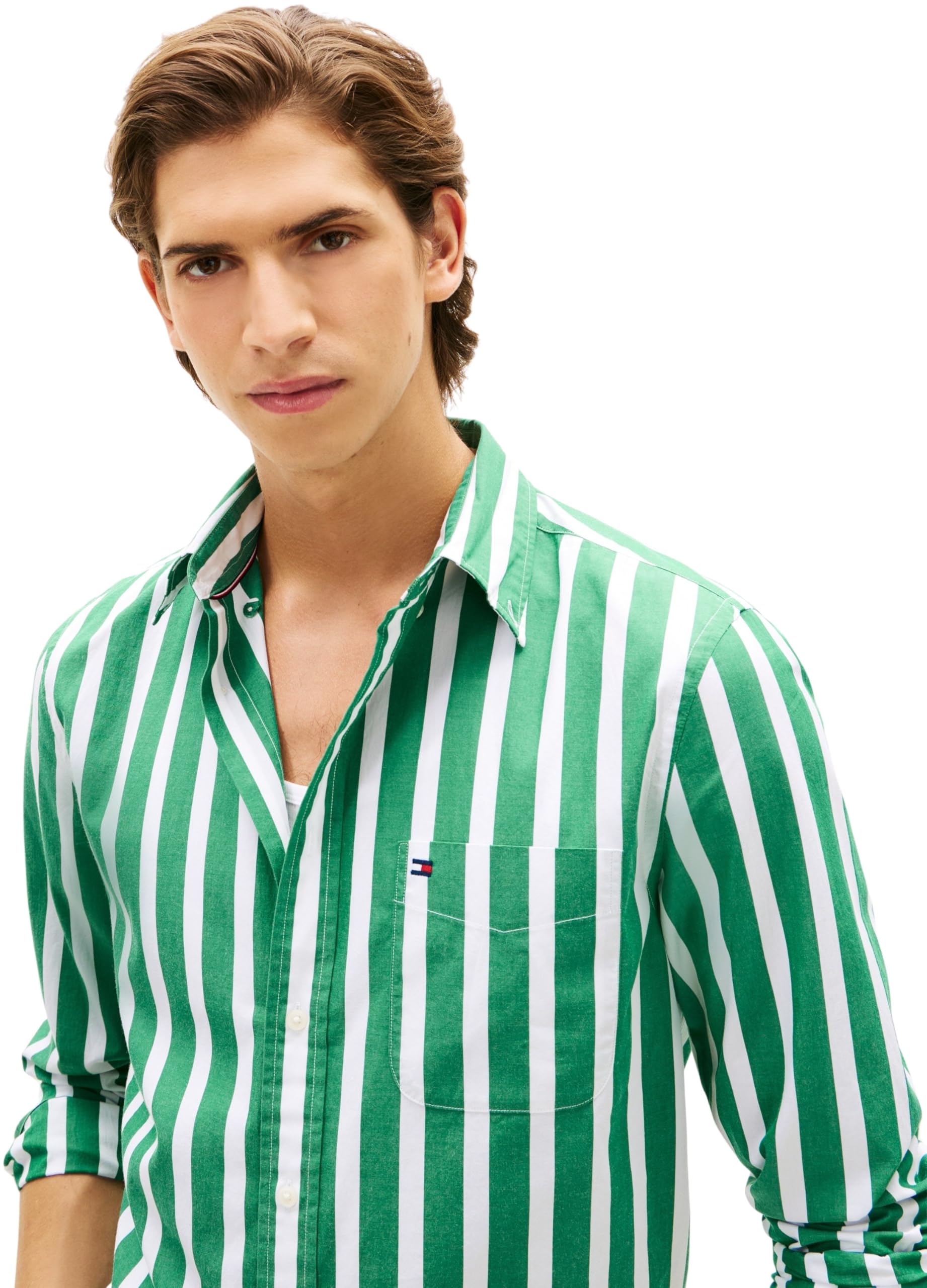 Tommy Hilfiger Męska koszula Flex POPLIN Bold Stripe MW0MW41715 L/S, zielona, XL, Zielony (Nouveau Green/Stripe), XL