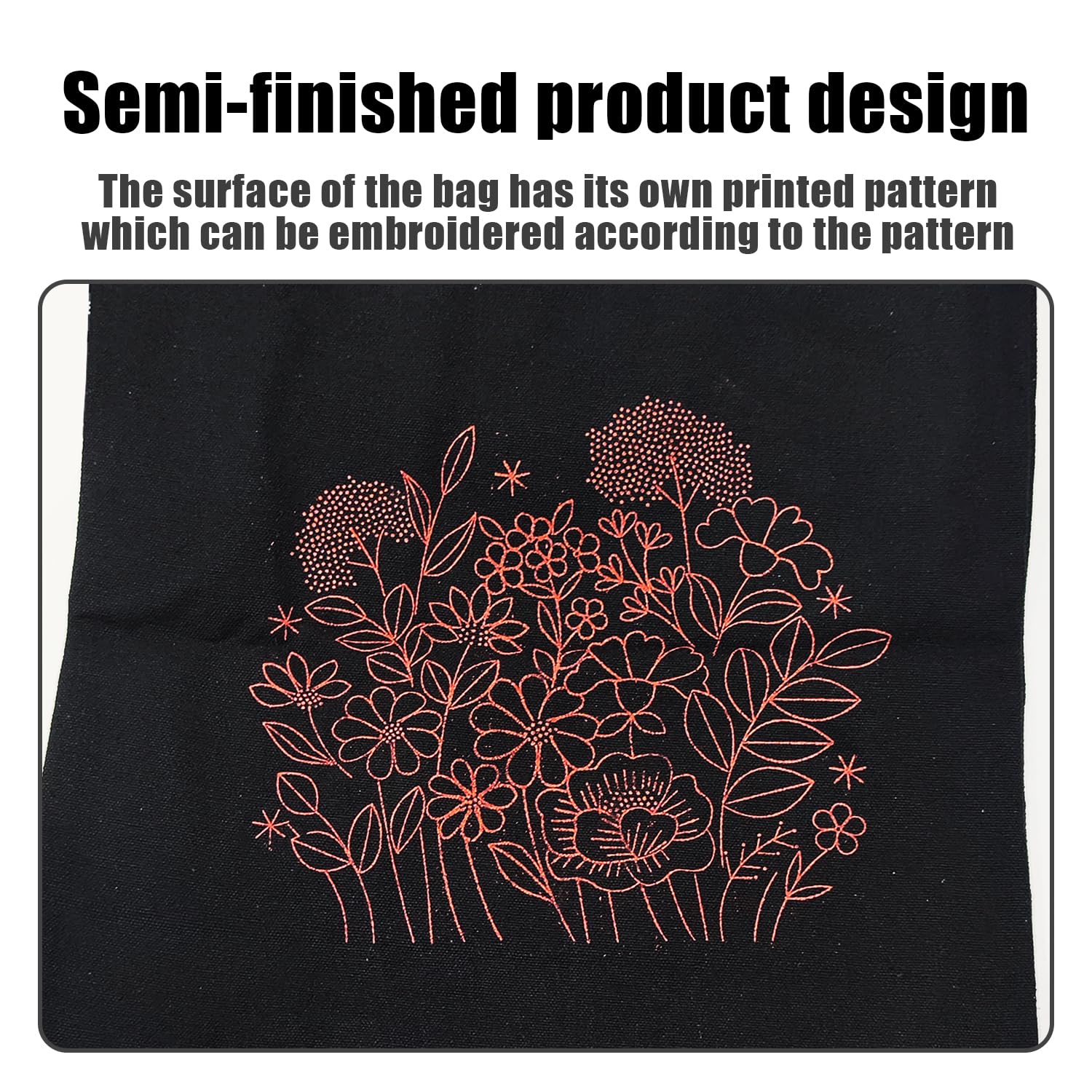 DUINIU 1 Piece Patterned Canvas Tote Bag with Embroidery Hoop, Colorful Thread, Embroidery Needle, Cross Stitch Kit, Embroidery Set, DIY Craft Kit for Adults, Embroidery Kit for Beginners (Black) - Image 4
