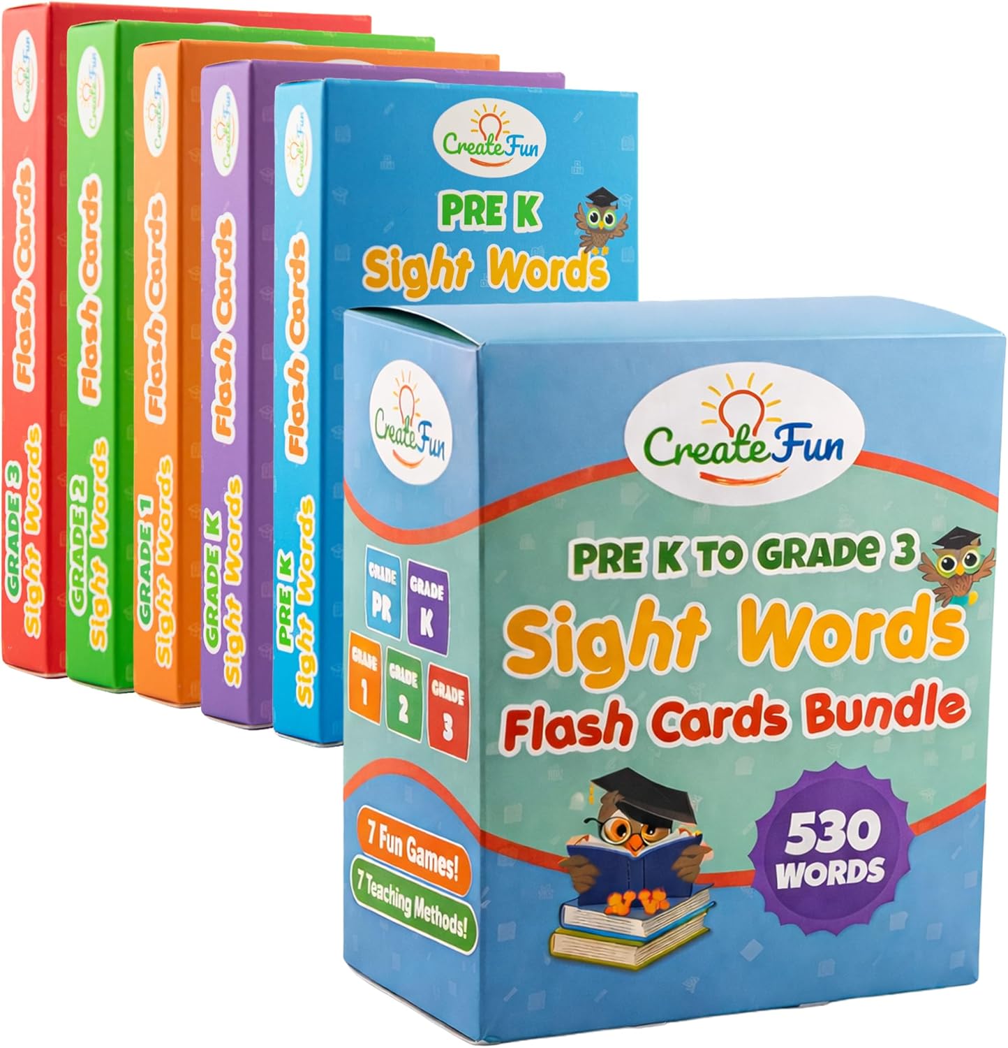 530 Sight Words Flash Cards for Kids Ages 3-9 Covers Pre K, Kindergarten, 1st, 2nd and 3rd Grade with 7 Educational Game Ideas - Homeschool Supplies Reading Tools for Kids