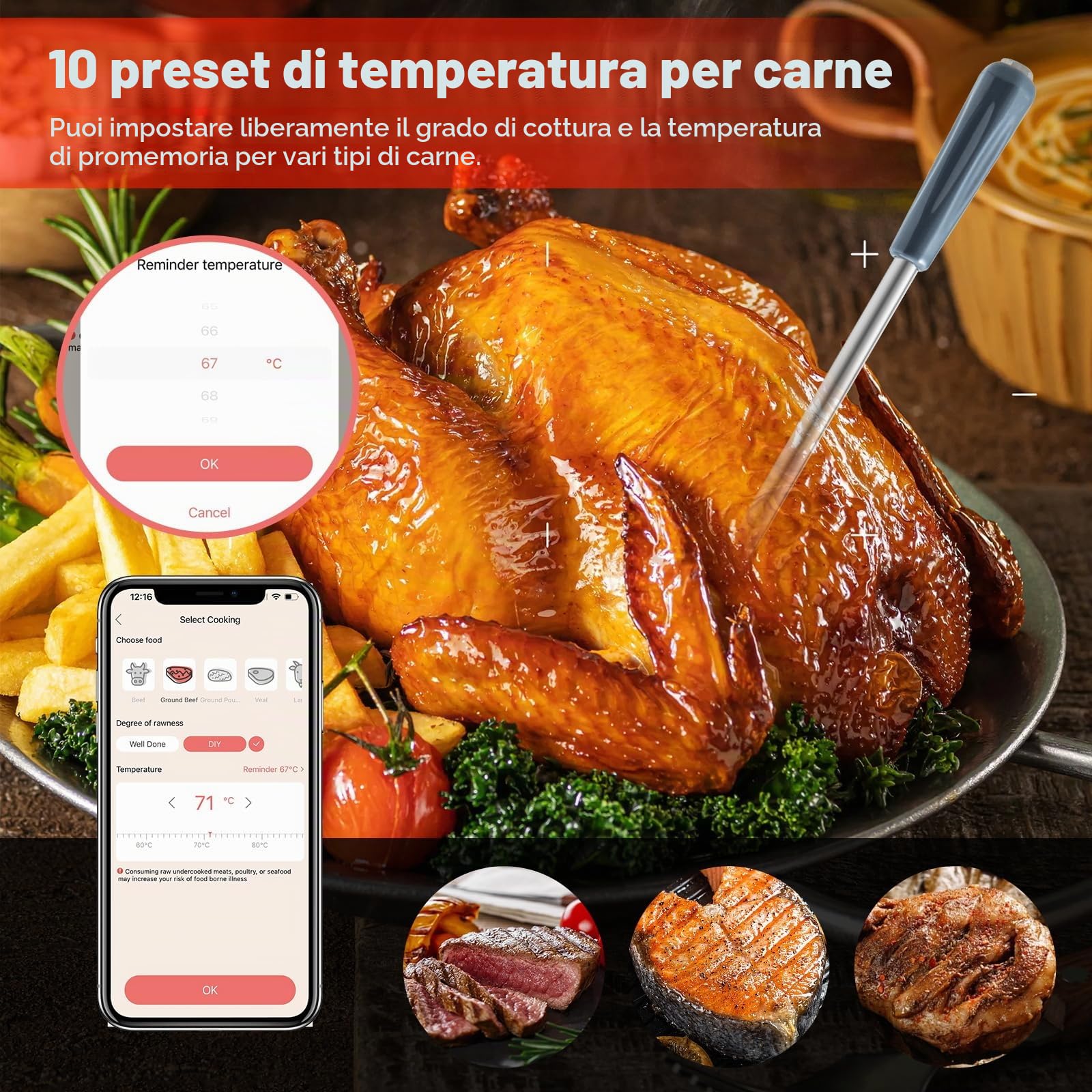 Zeerkeer Termometro Bluetooth del Segnale a 50 m,Senza Fili Termometro Cucina Per Forno,Grigliate,Barbecue,Stufa,Monitoraggio Remoto di Termometro Intelligente,App Italiano Compatibile per IOS/Android