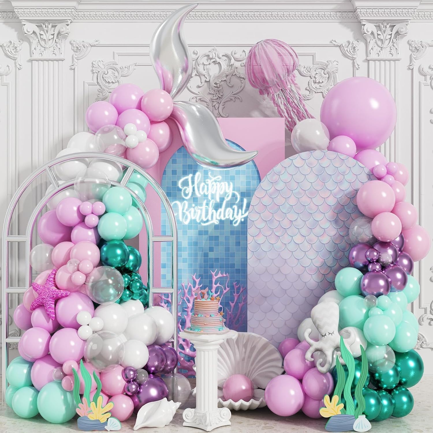 Mermaid Balloon Garland Arch Kit, Purple Green Pink Silver Tail Mermaid Balloons for Mermaid Theme Wedding Birthday Decorations Baby Shower Party