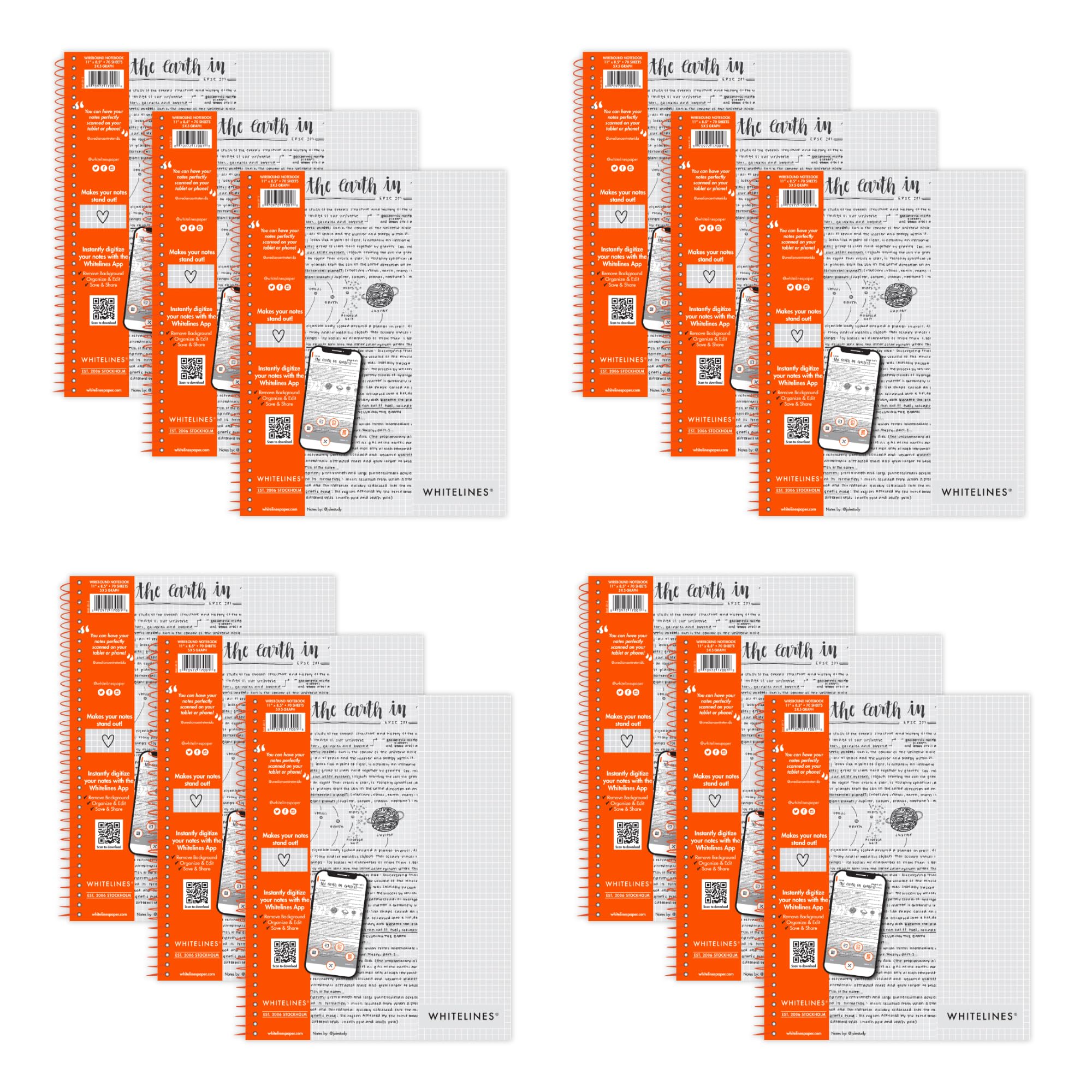 Whitelines Spiral Wire Bound Graph Ruled Notebooks, Premium 20# Gray Paper, 11" x 8.5" 70 Sheets, Makes Your Notes Stand Out and Links Them To The Digital World, Proudly Made in USA (Pack of 12)