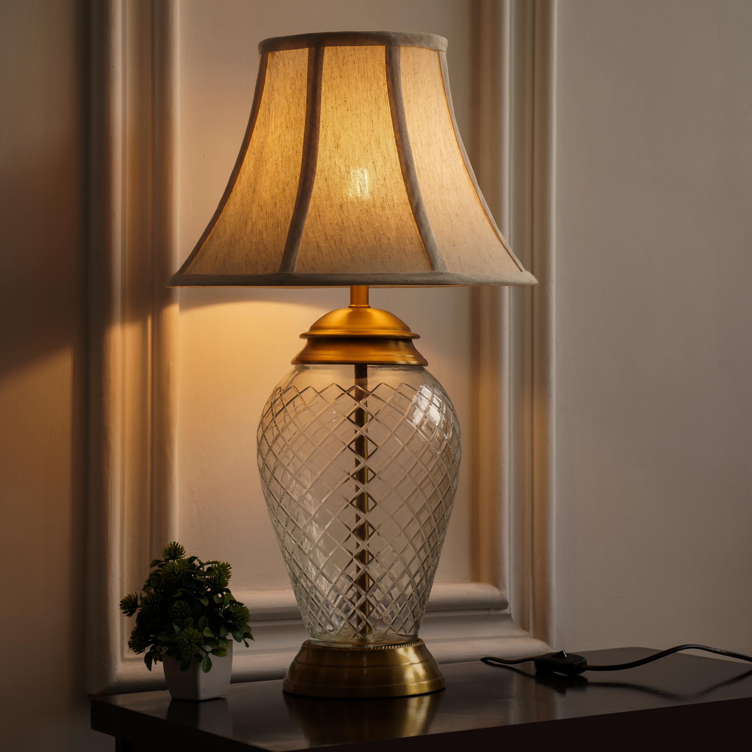 Divine Trends Glass Table Lamp Royal Brass Antique Finish Diamond Cut Glass with Off White 14 inches Lampshade for Bedside, Living Room, Home Decoration Pack of 1 - LED Bulb Included (Bell Shade)