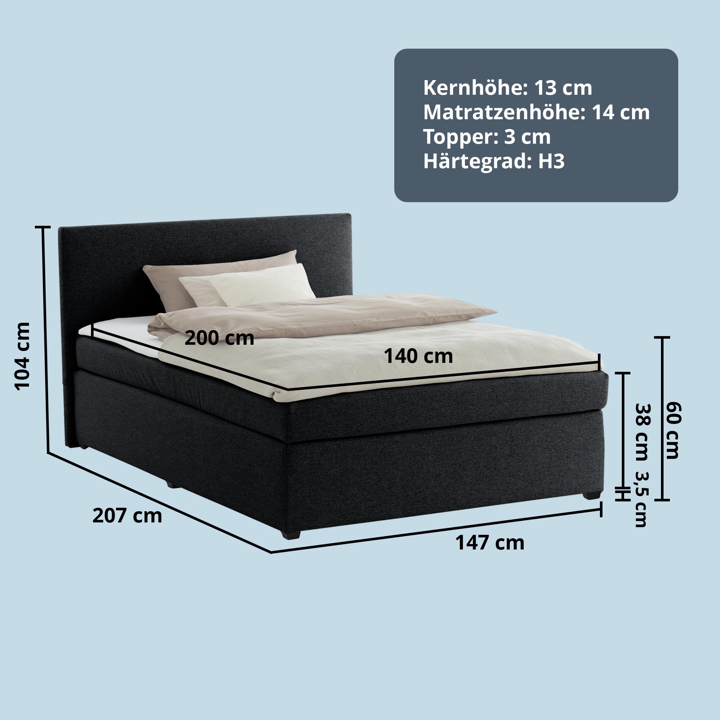 KHG Boxspringbett schwarz Härtegrad H3 mit Matratze Bonellfederkern und Topper 100% Polyester Schaumstoffkern Gestell Holzwerkstoff gepolstert stoffbezogen zeitlos