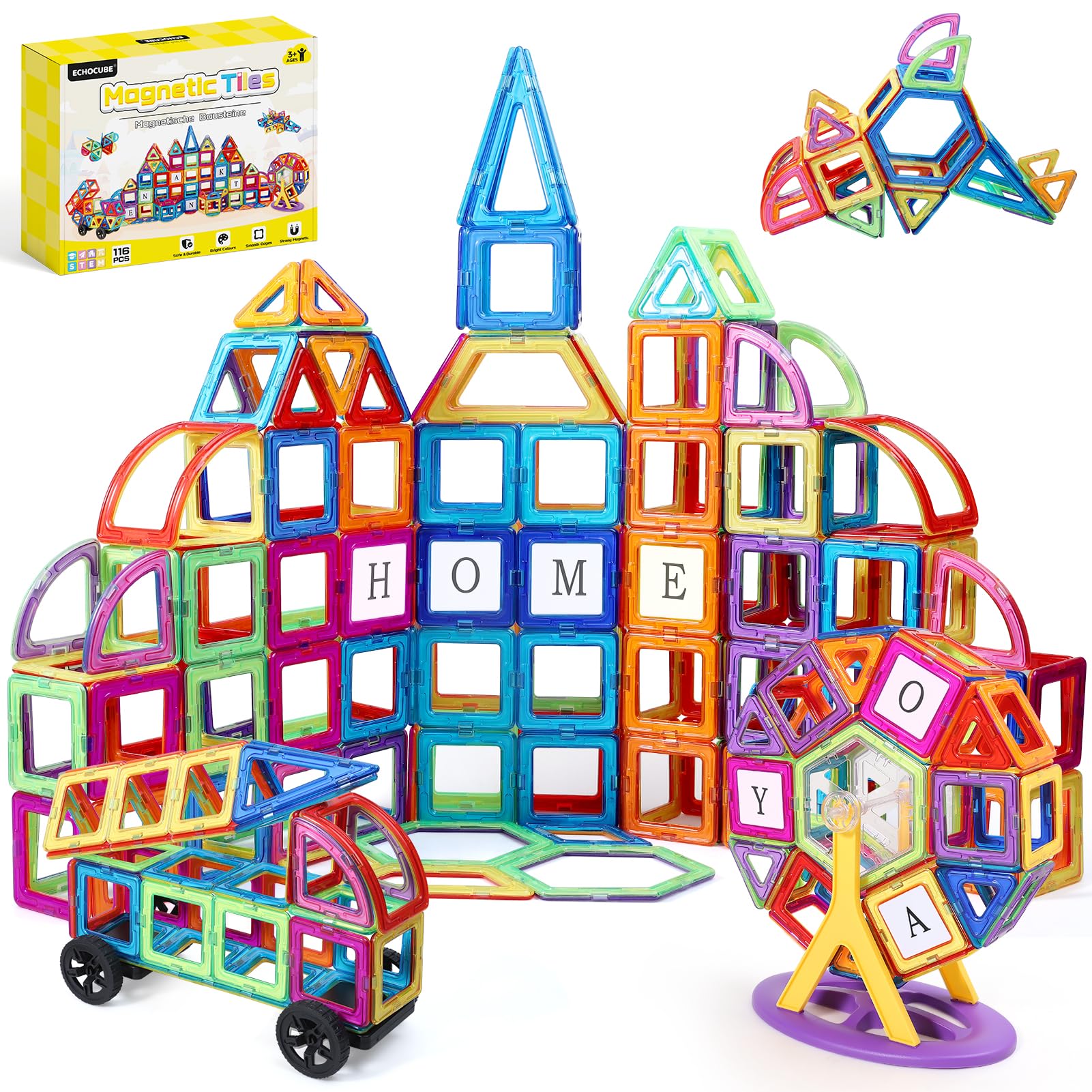 ECHOCUBE Magnetic Tiles for Kids 116PC Set  Construction Building Tiles, STEM Building Toys with Vibrant Colors, Educational Magnet Blocks Gift for Kids Boys & Girls
