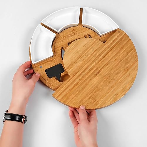 Miniatura 5 de Vaiyer Juego de tablas de cortar de queso charcutería con tabla de queso redonda de 13 pulgadas con 3 cuchillos, 3 cuencos de cerámica con 2