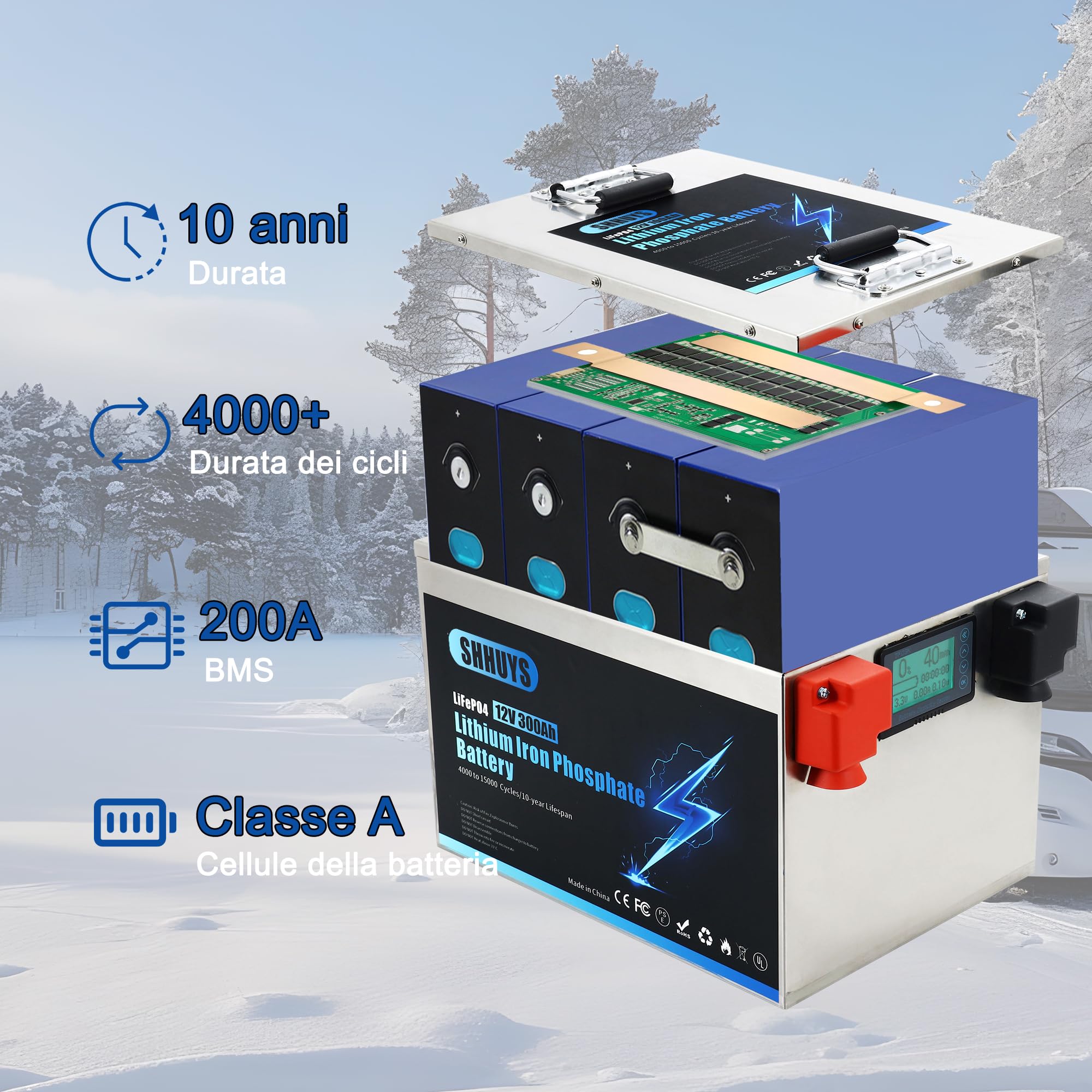 Batteria LiFePO4 12V 300Ah Litio, 200A BMS Integrato, 3840Wh di Energia, Fino a 15000 Cicli e 10 Anni di Durata – Ideale per Off-Grid, Camper e Impianti Solari
