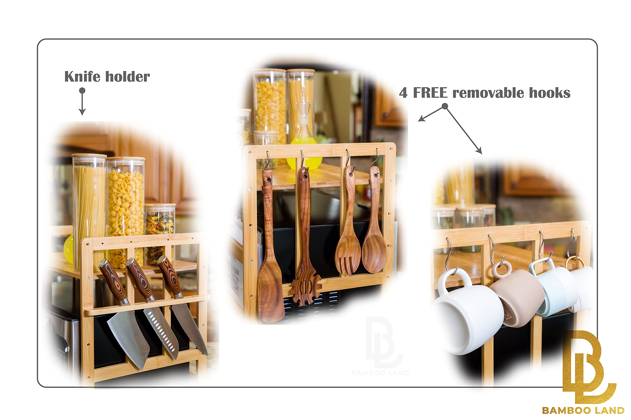Estante de bambú para horno microondas con ganchos y soporte para cuchillos integrado, estante de microondas para encimera 3