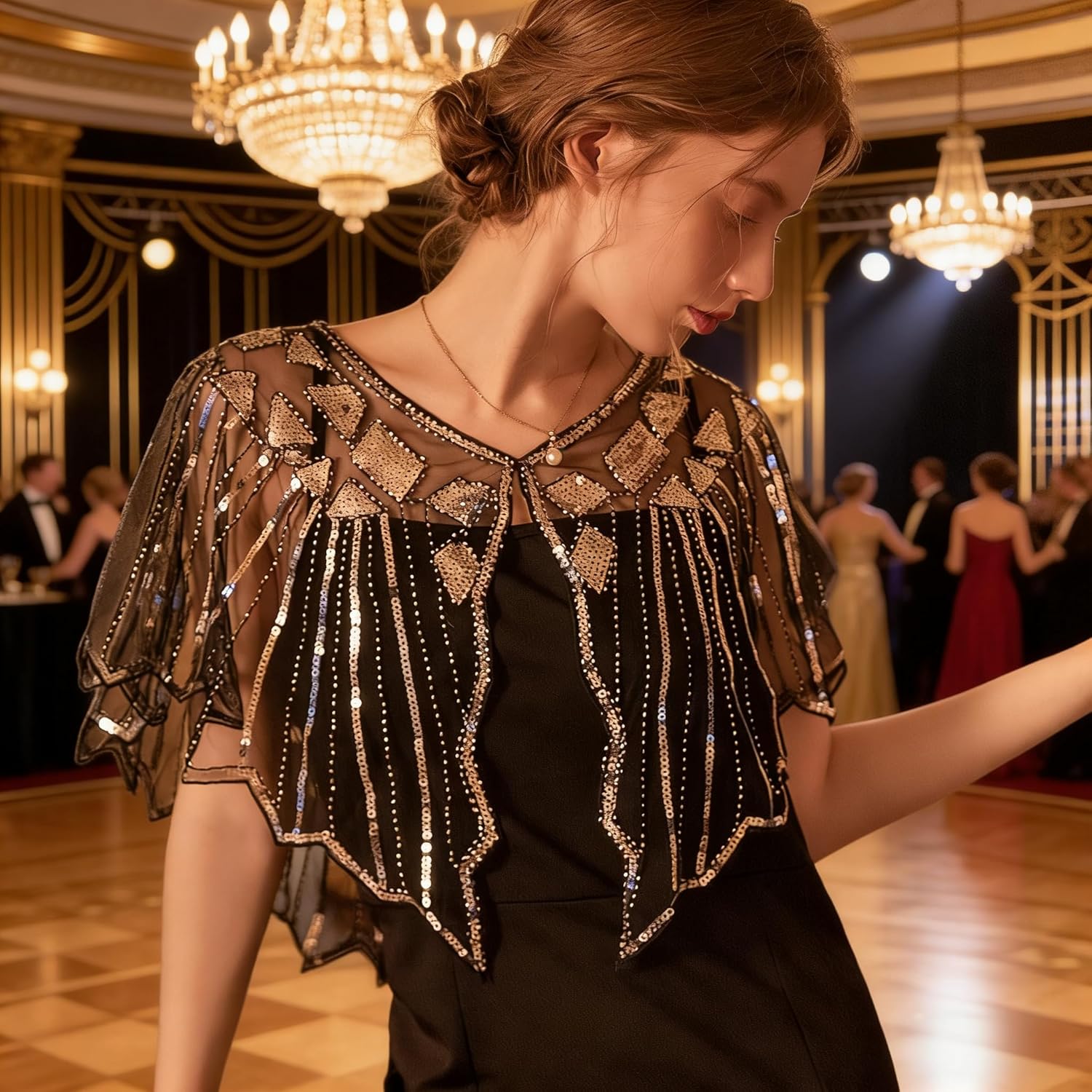 1920s Gatsby Flapper Accessories Set, Roaring 20s Accessories Women Feather Headpiece Necklace Earrings Long Gloves,Black Gold - Image 7