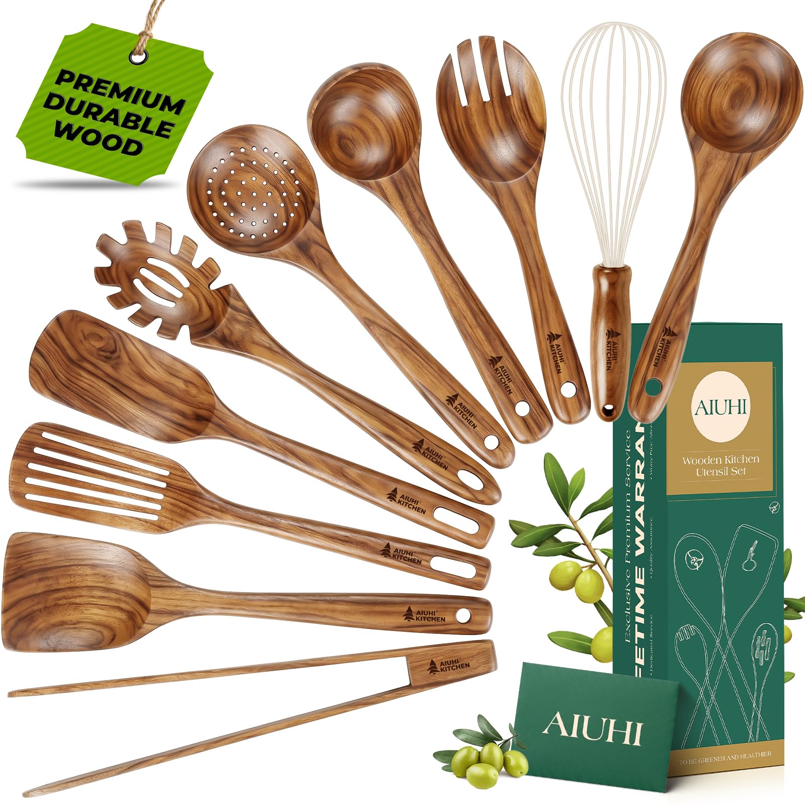 Ustensiles de Cuisine en Bois Antiadhésif - Set de 10 Pièces en Teck Naturel Avec Spatule et Louche