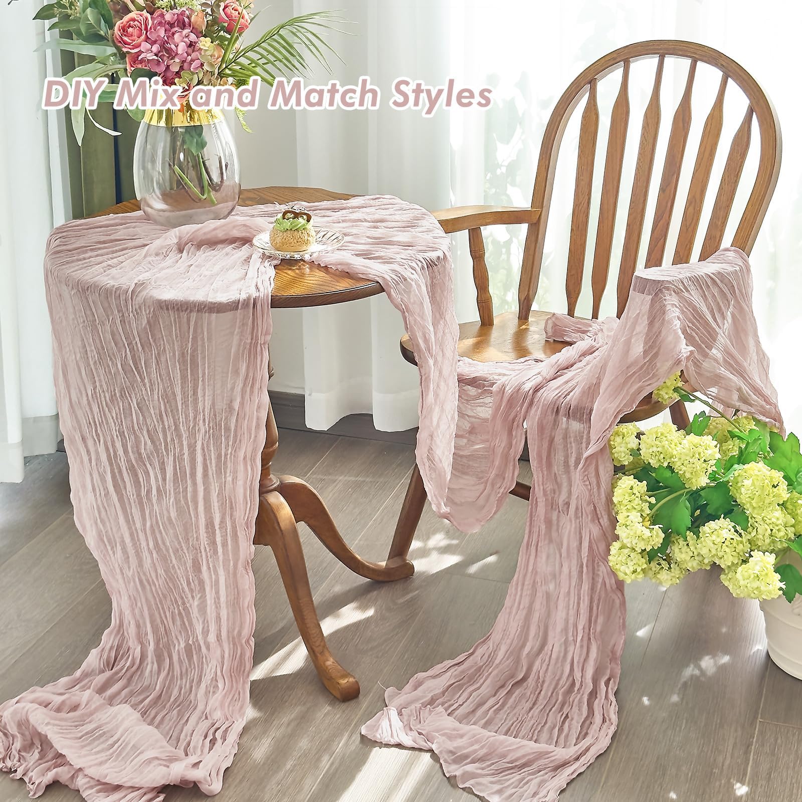 Bieżnik stołowy w stylu boho, pudrowy róż, szyfonowy bieżnik z tkaniny cheesecloth, elegancka dekoracja na wesele, przyjęcie, baby shower, rustykalny i szykowny wystrój (90 x 300 cm)