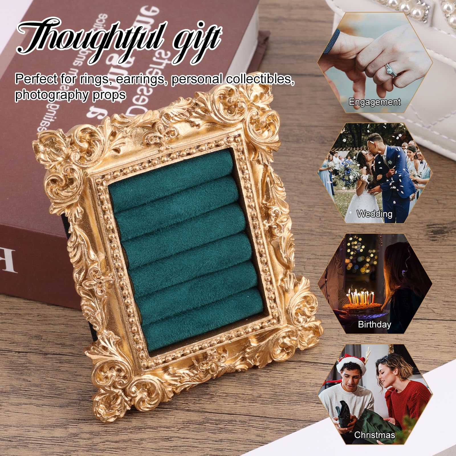 Mikovivi Vintage Ring Display Stand, Baroque Ring Holder Earring Display Tray Jewelry Organizer Birthday Engagement Wedding Decoration for Women (): Dark Green