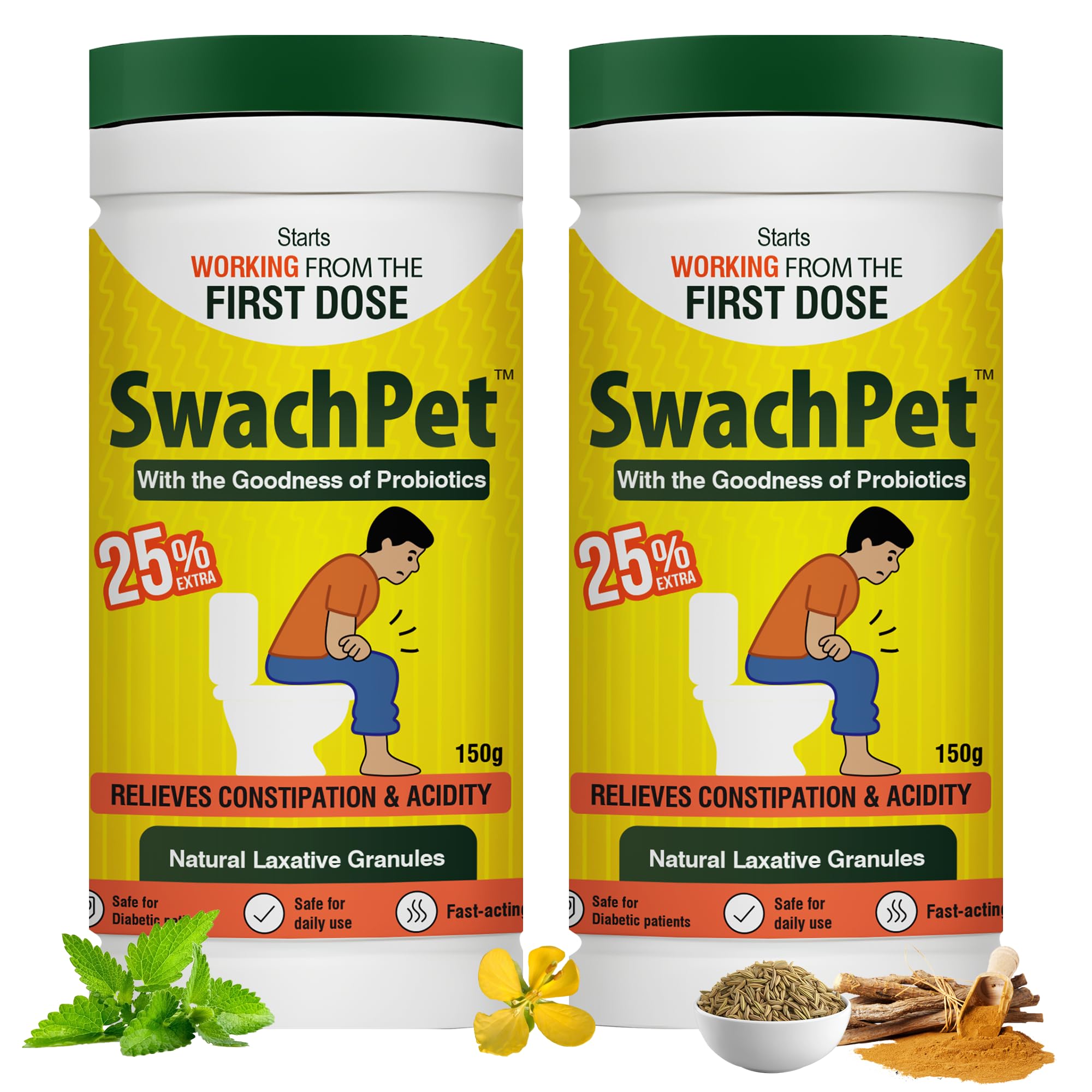 Swachpet Natural Laxative Granules | Fast Relief from Constipation, Acidity & Stomach Ulcer | Probiotic Herbal Formula for Gut Health & Digestive Support | Detox, Smooth Bowel Movement & Ayurvedic Stool Softener | No Added Sugar, Non-Habit Forming & Safe for Kidney, Liver & Diabetics | Ayush Approved | 150g (Pack of 2)