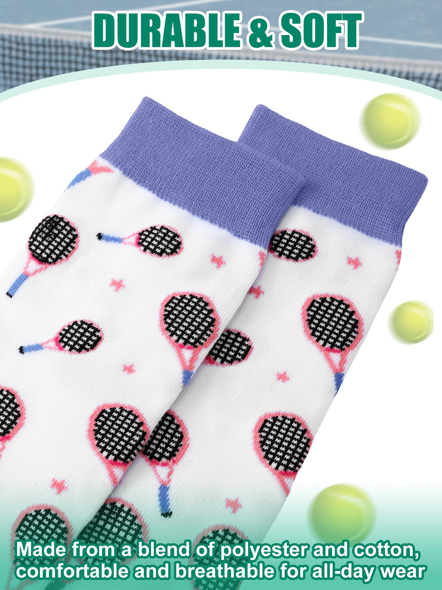 6 pares de calcetines de tenis divertidos para mujer, calcetines casuales novedosos, accesorios para amantes del tenis, regalos de cumpleaños y vacaciones