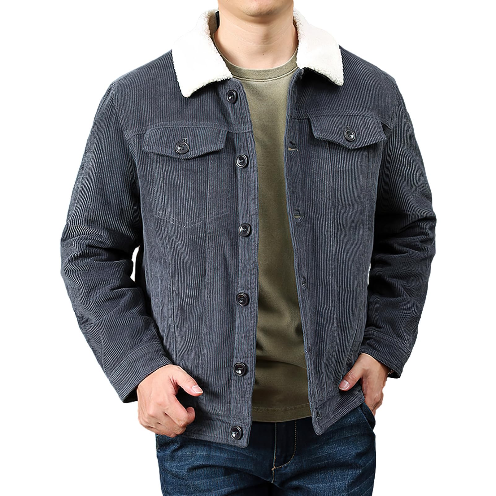 rismart Heren Corduroy Jas Sherpa Gevoerde Trucker Button Down Revers Kraag Winter Warme Jas, Grijs, M