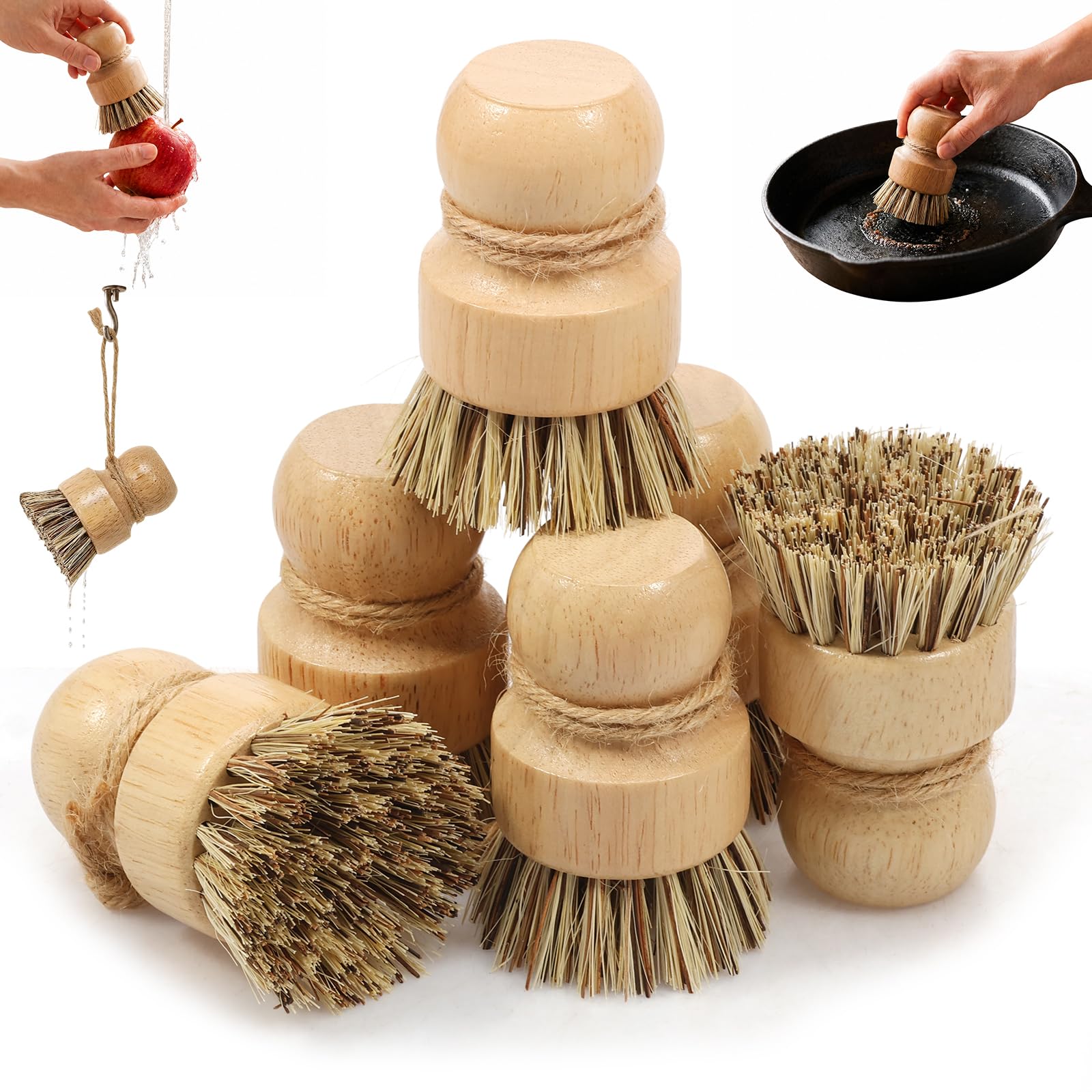 Bamboo Palm Brush, 6 Pack Wooden Dish Scrub Brush with Coir Bristles(yellow,6-items)