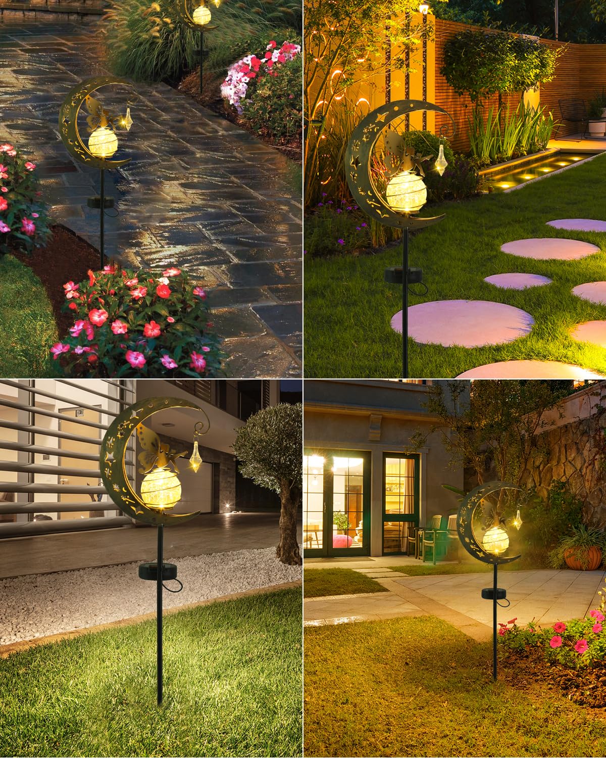 Moon Solar Lights Dekoracja tarasu ogrodowego,Elf/Flower Fairy Wodoodporna lampa słoneczna,Metalowe figurki ogrodu Dekoracja ogrodu,Zewnętrzna lampa słoneczna na zewnątrz,Na taras Balkon Pile Path