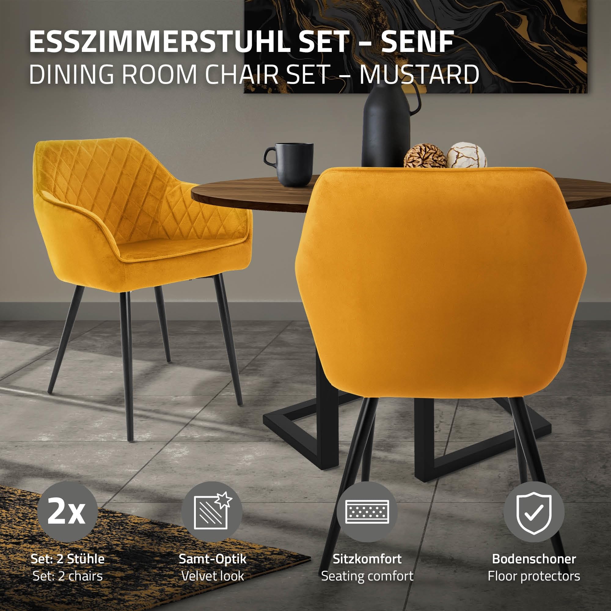 ML-Design Set 2X Sillas de Comedor Color Ocre Estilo Moderno Asiento Tapizado Aspecto de Terciopelo Patas de Metal Negras con Respaldo y Apoyabrazos Sillón Moderno de Salón Oficina Dormitorio Cocina