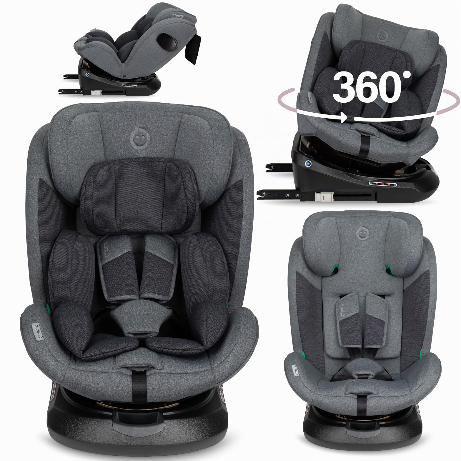 MoMi Autositz für Kinder EMI 0-12 Jahre (Gruppe 0+, 1, 2, 3, 3, Kinder bis 36 kg, 40 bis 150 cm), 360° drehbar, Einbau rückwärts: bis 18 kg, vorwärts: ab 18 kg, Befestigung mit ISOFIX und Top-Tether