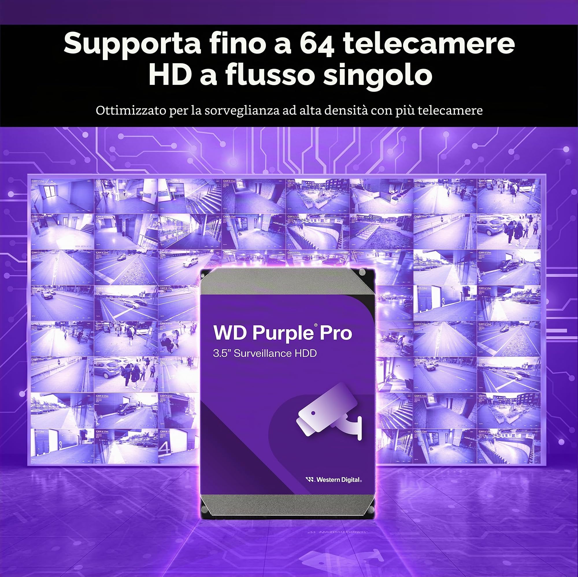 WD Purple Pro 12TB per Smart Video, Hard Disk Interno 3,5” - Tecnologia AI Allframe, 7200RPM, 550TB/anno, Cache da 256 MB