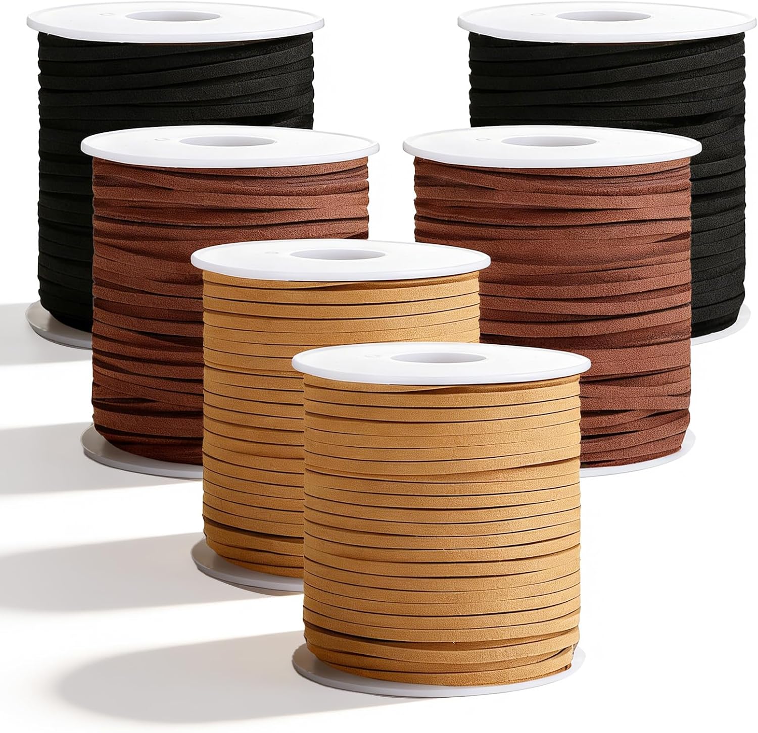 6 Rolls Flat Leather Cord String, Suede Leather Shoe Laces for Boots, Leather-Strips for Jewelry Making, Bracelets, Necklaces, Crafts, Tassels and Dream Catchers (Black, Coffee, Light Brown)