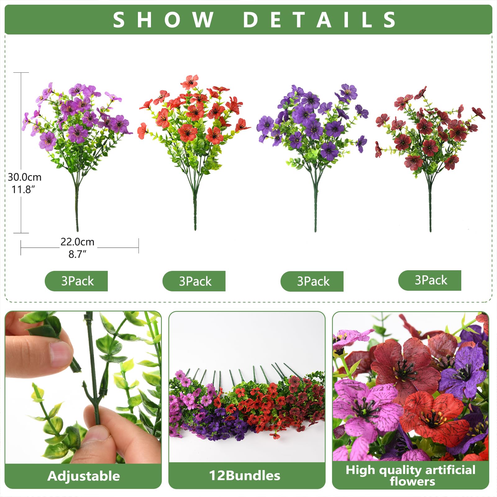 INQCMY Künstliche Blumen für den Außenbereich, Kunstpflanzen, Frühlings- und Sommerdekoration, 12 Bündel aus Kunstseide, buntes Gänseblümchen, realistisch, UV-beständig, für den Außenbereich, Zuhause