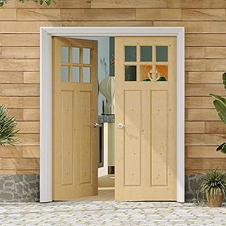 Exterior Doors, 72" x 80", 6-Panel Clear Glass Front Door, Solid Wood & MDF Entry Doors, Waterproof Primed, Easy DIY Install-Pine