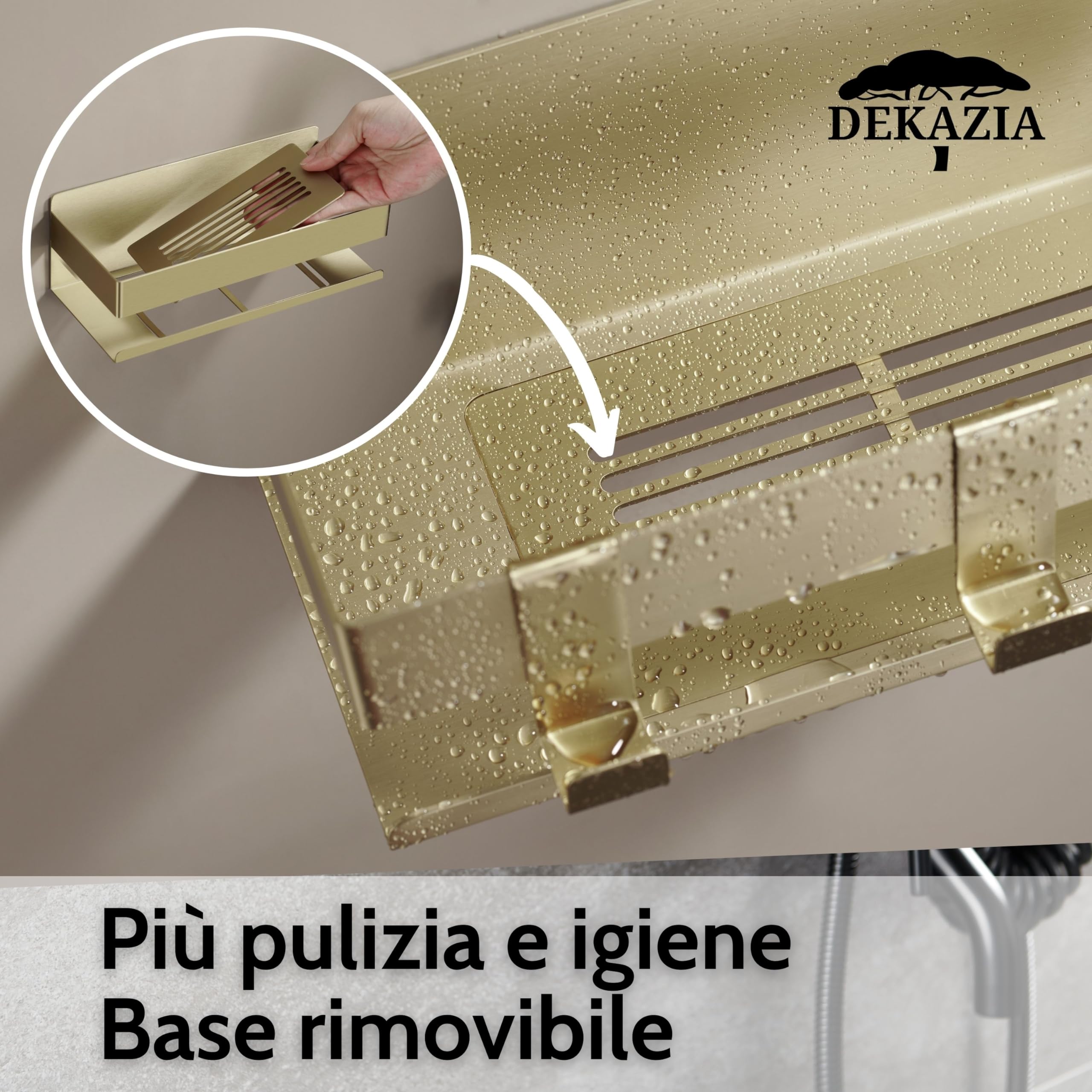 DEKAZIA® Mensola Doccia Oro Senza Forare, Porta Sapone Portaoggetti Bagno | portashampoo, mensole dorate, adesiva, accessori, acciaio inox, ripiano