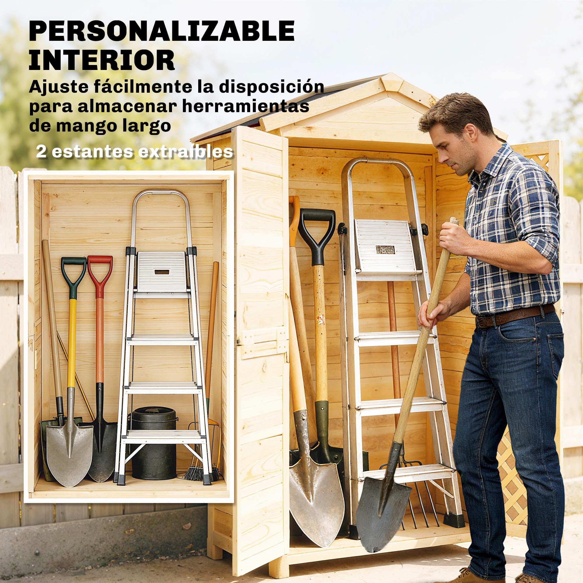 Outsunny Armario de Exterior de Madera Caseta Jardín Exterior con Techo de Asfalto 2 Puertas Ventiladas con Pestillo 2 Estantes Extraíbles Cobertizo de Jardín para Almacenaje Herramientas Natural