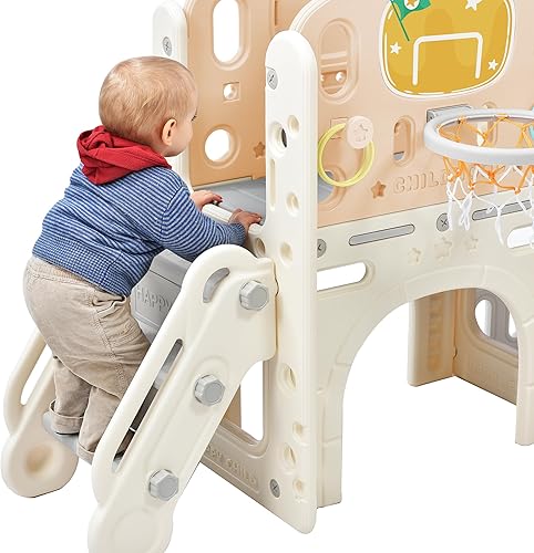 Miniatura 8 de Juego de toboganes 7 en 1 para niños, casa de juegos independiente de escalada en castillos con tobogán, túnel de arco, lanzamiento de anillos y aro