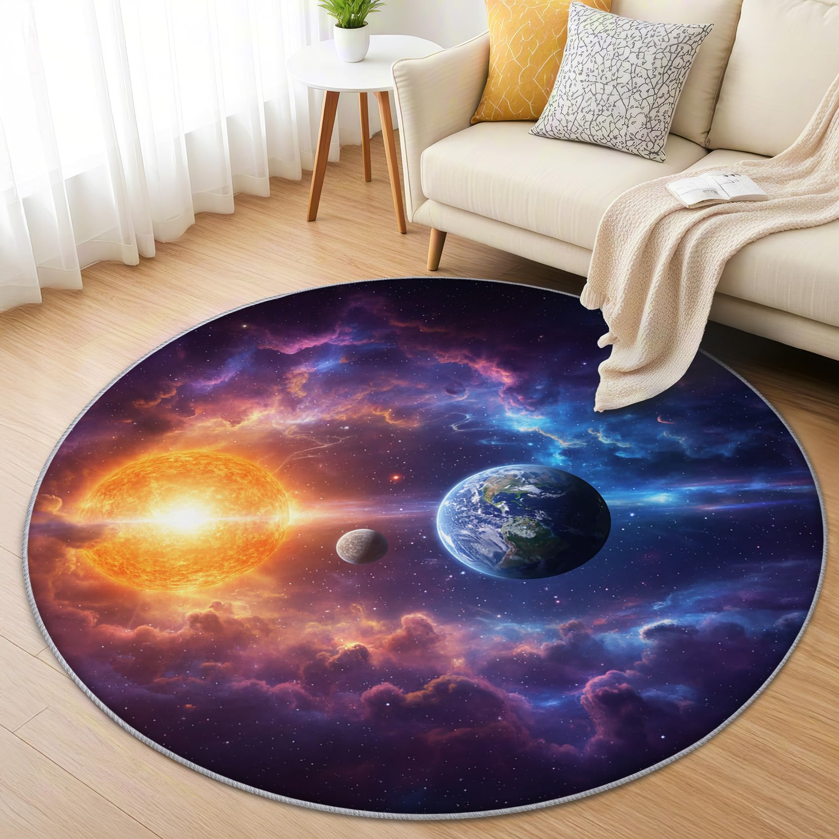 Sternenhimmel Teppich Rund 120cm Kurzflor - Waschbare Teppiche Wohnzimmer Kinder Planeten Galaxie Kosmos - Runder Teppich 120 Durchmesser Kinderzimmer - Schlafzimmer rutschfest Weich