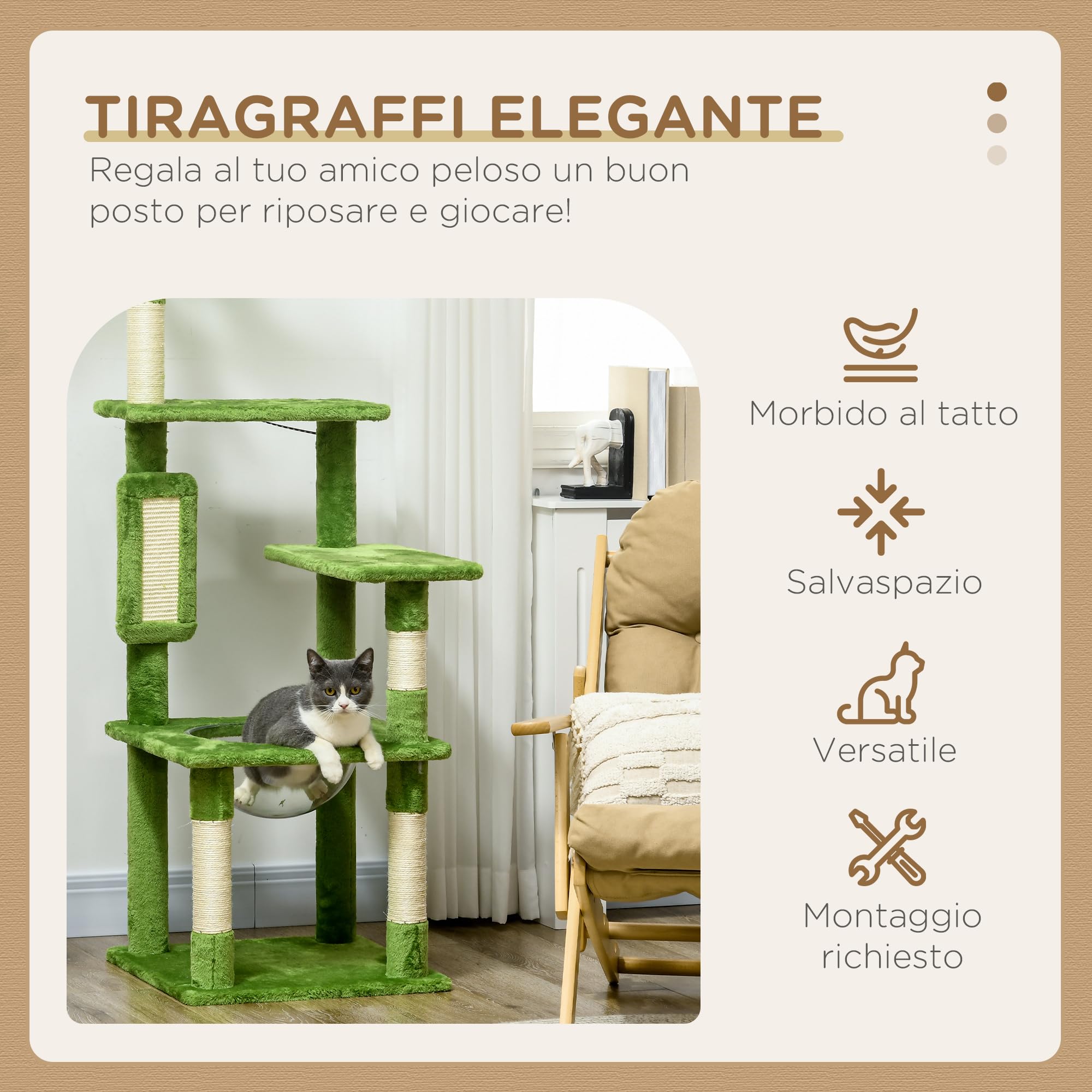 PawHut Albero per Gatti Multilivello Amaca Tiragraffi 49x49x142 cm Verde | Pallina, Foglie Decorative, Rivestimento in Peluche