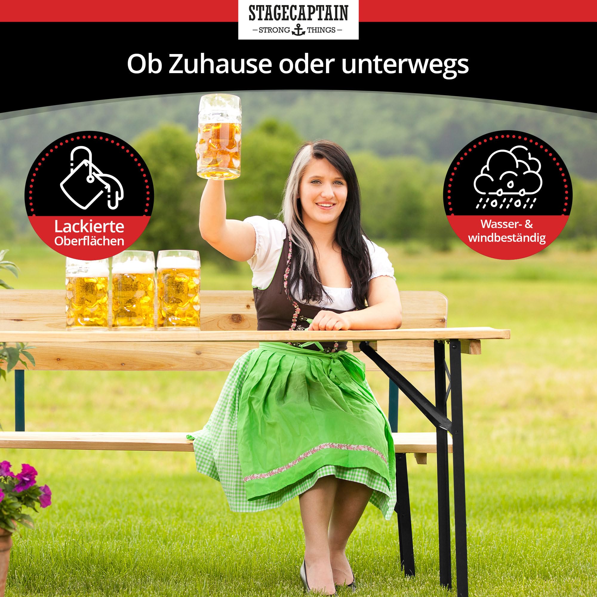 Stagecaptain BBDL-119 2X Set Hirschgarten Bierzeltgarnitur mit Lehne für Balkon - Version mit 119 cm Länge - Klappbare Festzeltgarnitur 2X Tisch, 4X Bank - Holz Sitzgarnitur - Innen & Außenbereich