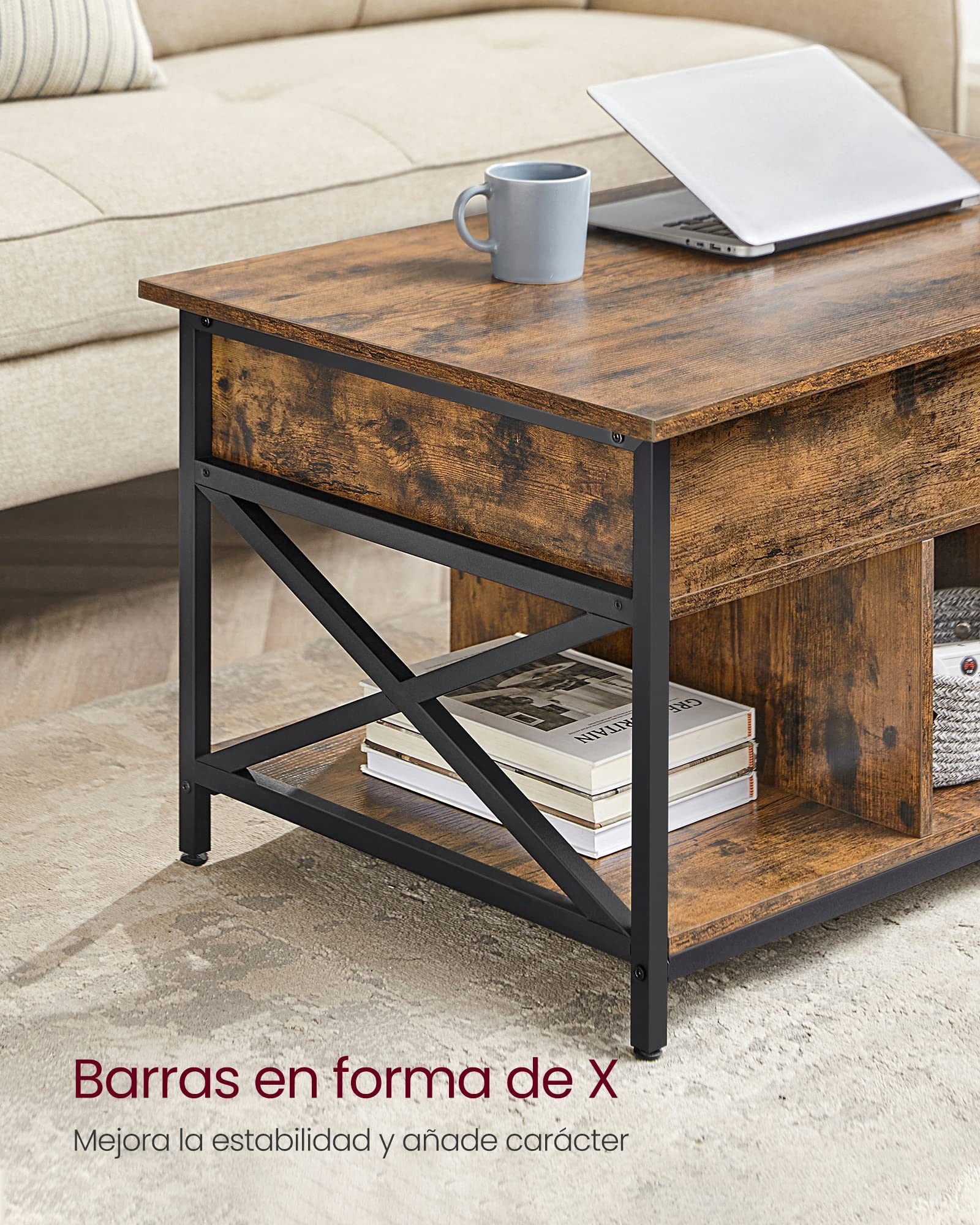 VASAGLE Mesa de Centro, Mesa de Café con Tablero Elevable, para Dormitorio, con Espacio Abierto y Oculto, Barras en Forma de X, 60 x 100 x (48-62) cm, Marrón Rústico y Negro LCT205B01