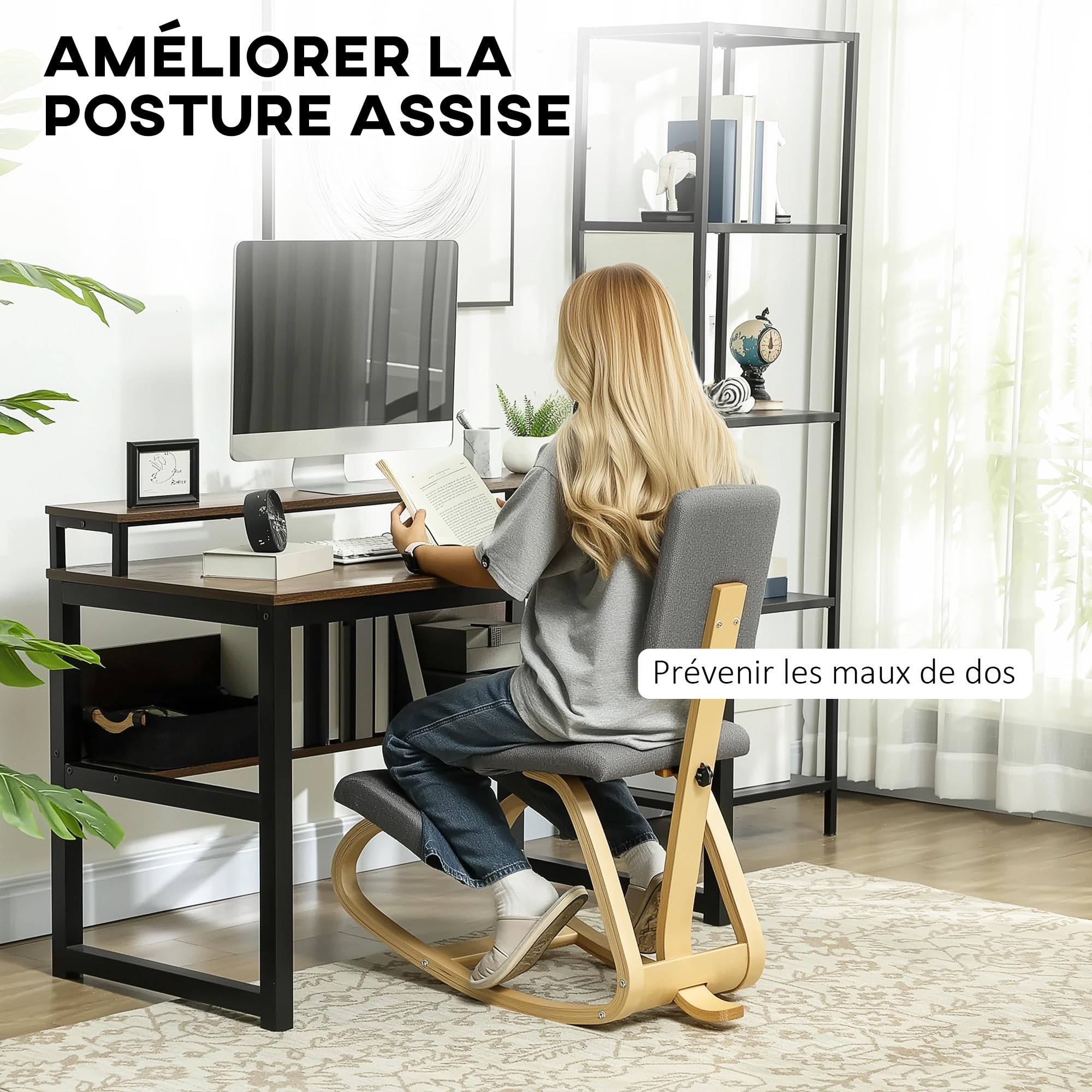 HOMCOM - Silla ergonómica para rodillas, con respaldo, asiento de rodillas, taburete ergonómico de madera, taburete ortopédico, corrector de postura, aliviar el dolor de espalda, gris