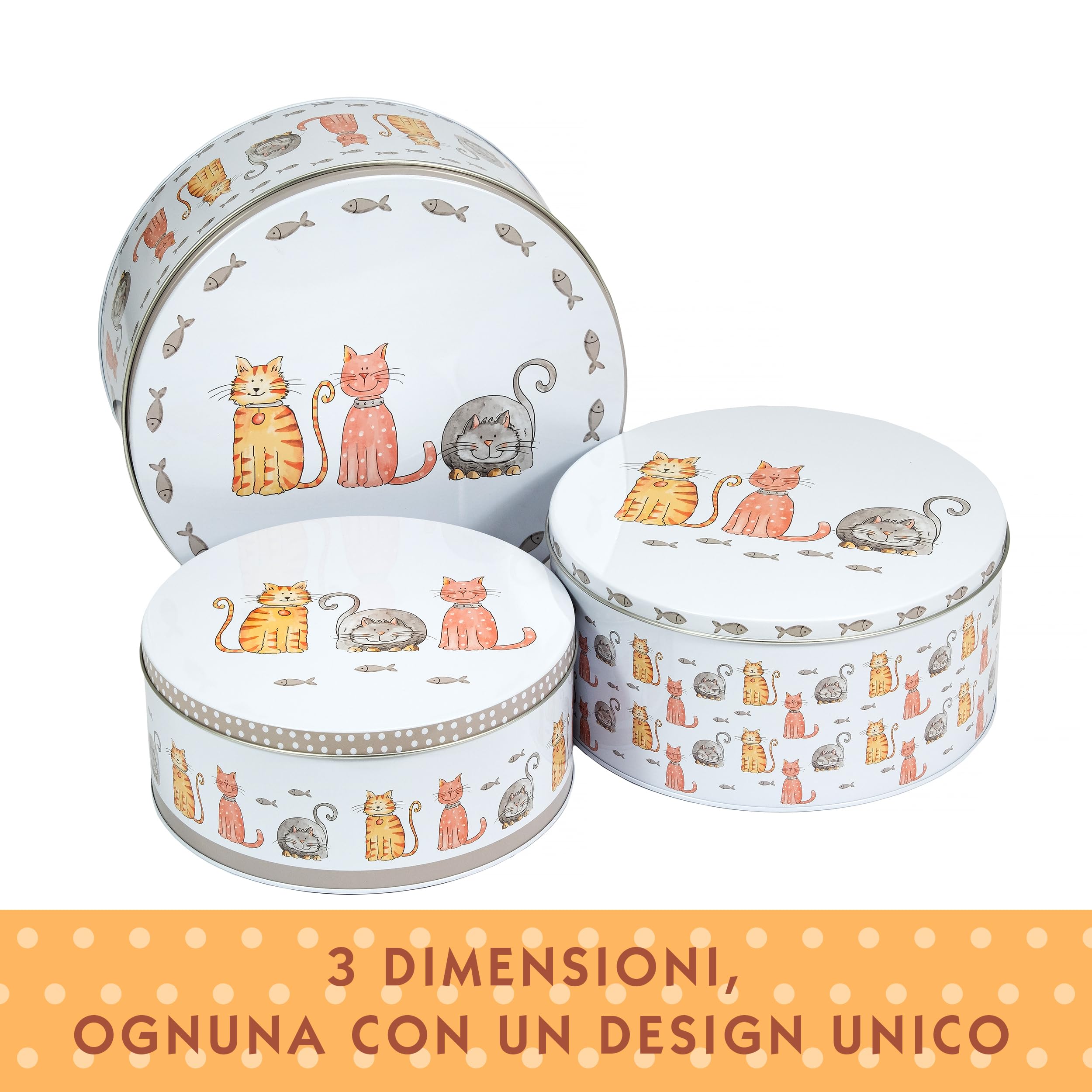SPOTTED DOG GIFT COMPANY Set di 3 Scatole di Latta, Contenitori Impilabili per Biscotti in Metallo, Barattoli di Latta Rotondi Ermetici per Conservare Torte e Alimenti, Piccoli Medi Grandi - Gatti