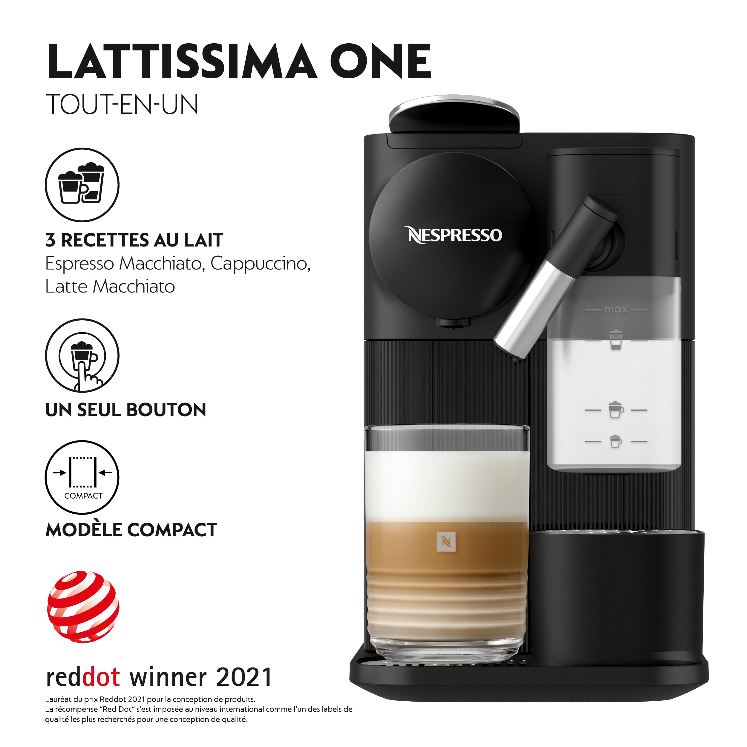 Nespresso De'Longhi Machine à café Lattissima One Noir, 19 Bars + Kit de Bienvenue, Design Compact, Expresso, Lungo et Recettes Lactées, Arrêt Automatique, EN510.B