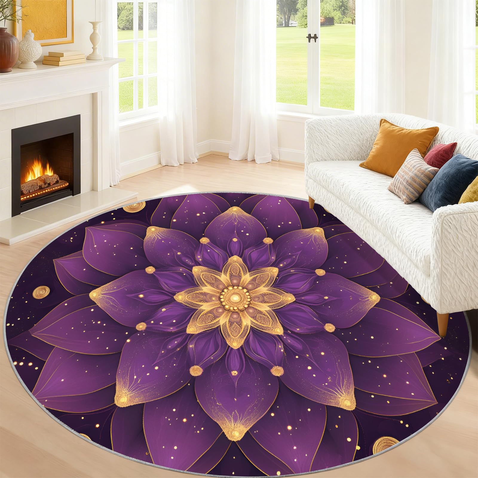 Tapis rond mandala lotus, ligne dorée pour salon, chambre à coucher, motif géométrique et étoilé, lavable, antidérapant, tapis décoratif