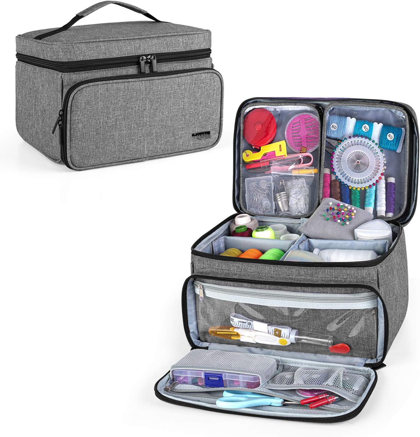 LuxjaSewing Kit Storage Bag, Sewing Accessory Box with 2 Transparent Detachable Pockets, Sewing Storage Bag, Grey (Bag Only)